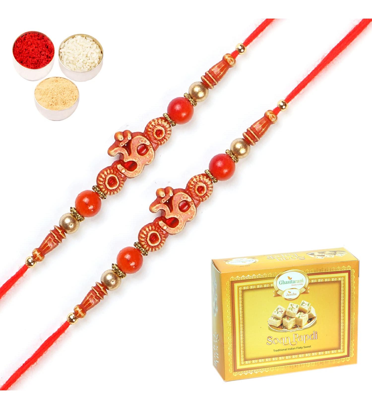 Ghasitaram Gifts Rakhis Online for Brother- Set of 2-5504 Rakhi Thread with 400 GMS of Soan Papdi Set of 2 Rakhis with 400 gms of Soan Papdi - Buy Online on GoSupps.com