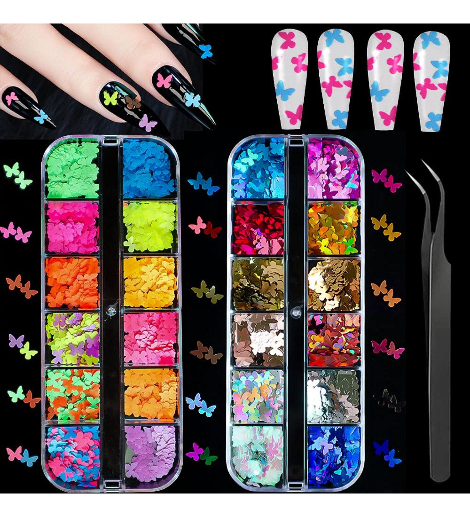 Butterfly Nail Art Glitter Sequin Kit - 2 Boxes with Tweezers for Stunning Manicure Decor | Fluorescent All-Tailed Design - Buy Online on GoSupps.com