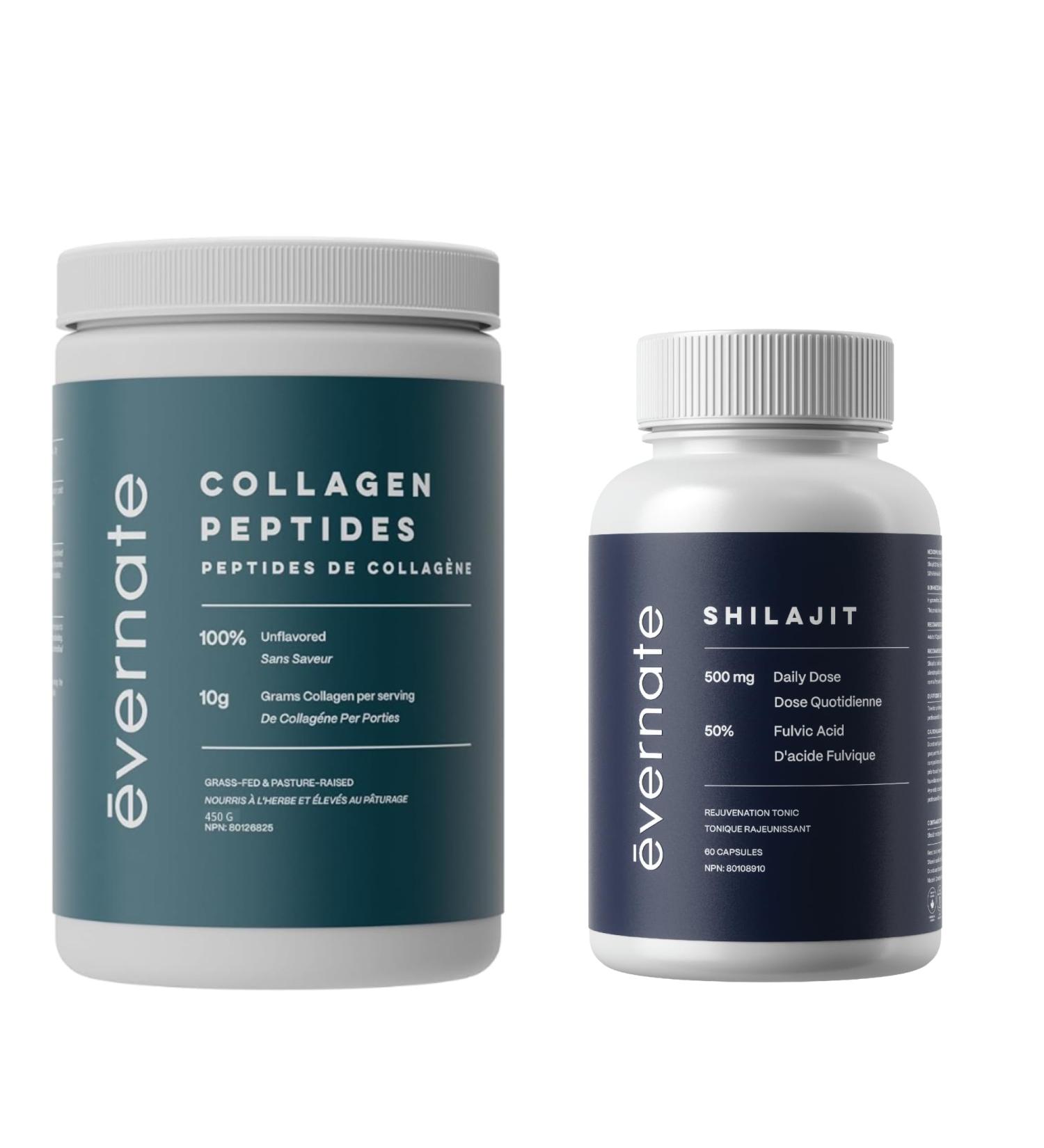Evernate Shilajit Capsules + Collagen Peptides Powder Bundle Pure Himalayan Organic Shilajit for Men and Women Hydrolyzed Collagen Protein for Energy Vitality Hair Skin Nails Joint Support | Non-GMO Organic 60 Capsules & 300g - Buy Online on GoSupps.com