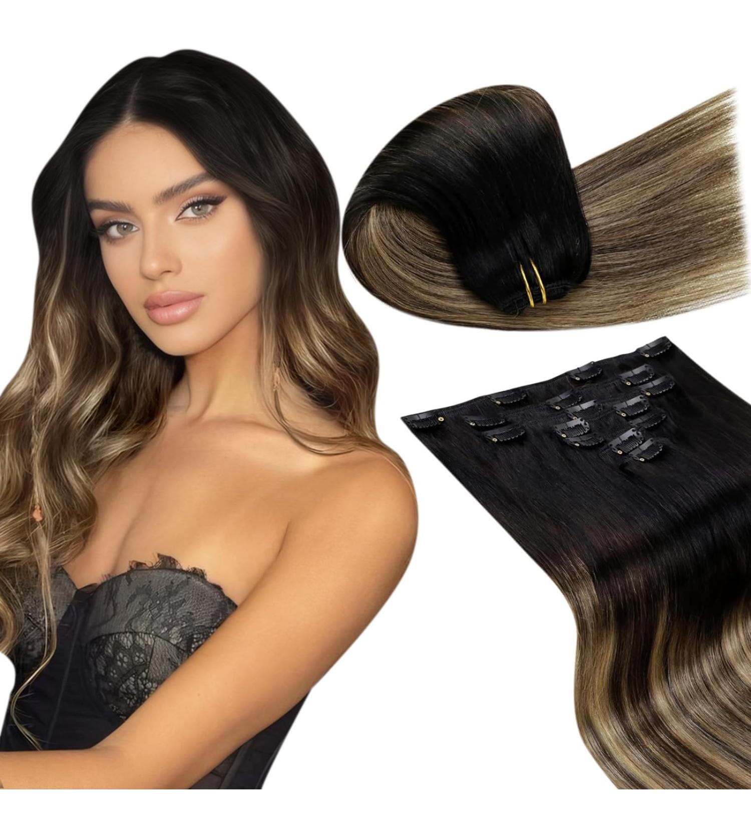 Buy Laavoo Clip-in Real Hair Extensions - Balayage Black & Brown Ombre Caramel Blonde 45cm - 7pcs 105g Remy Hair Extensions - Buy Online on GoSupps.com
