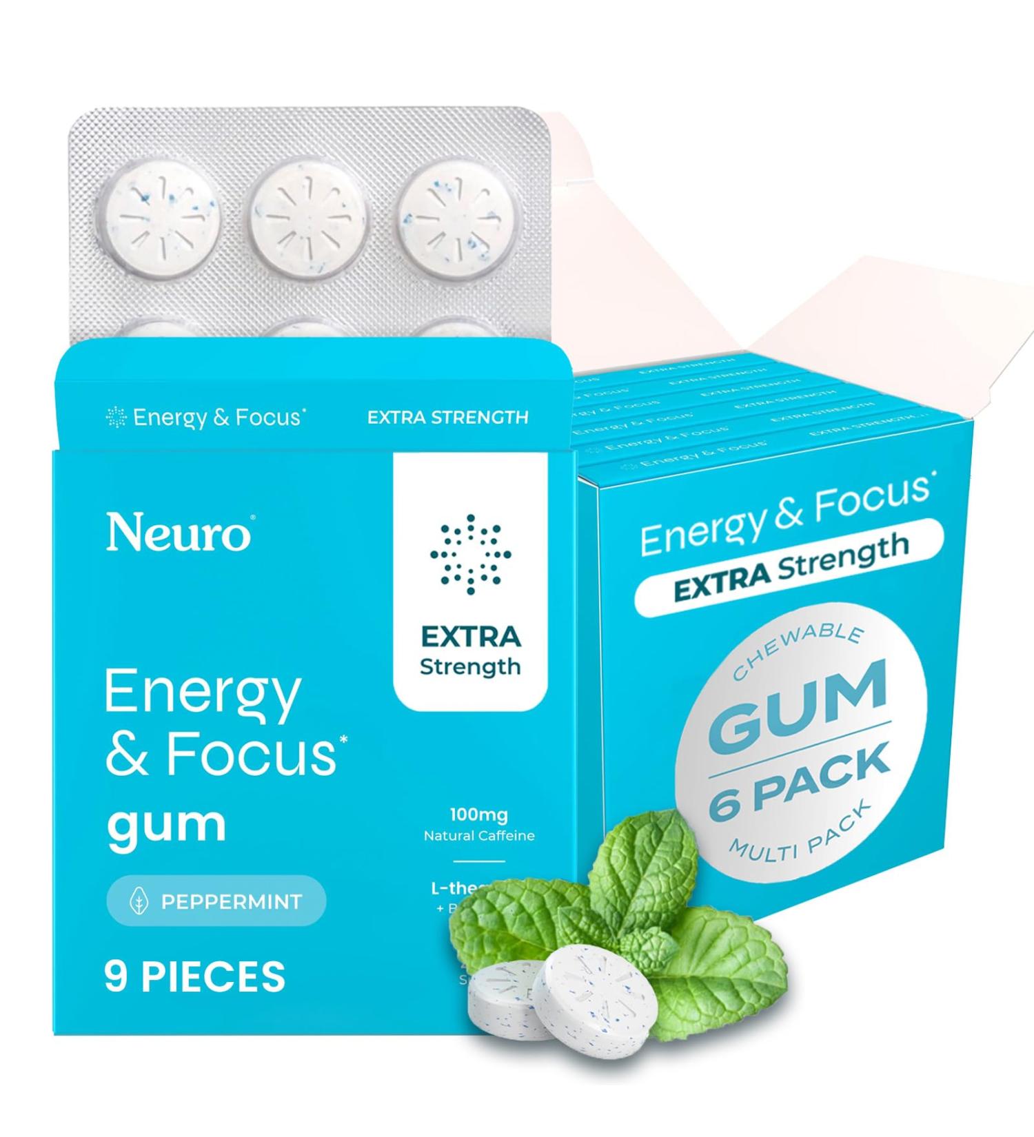 Neuro Energy & Focus Gum Extra Strength - 100mg Natural Caffeine Gum & Nootropic Energy Supplement with L-Theanine & B Vitamins - Sugar Free Vegan - Peppermint 54ct Peppermint 9 Count (Pack of 6) - Buy Online on GoSupps.com