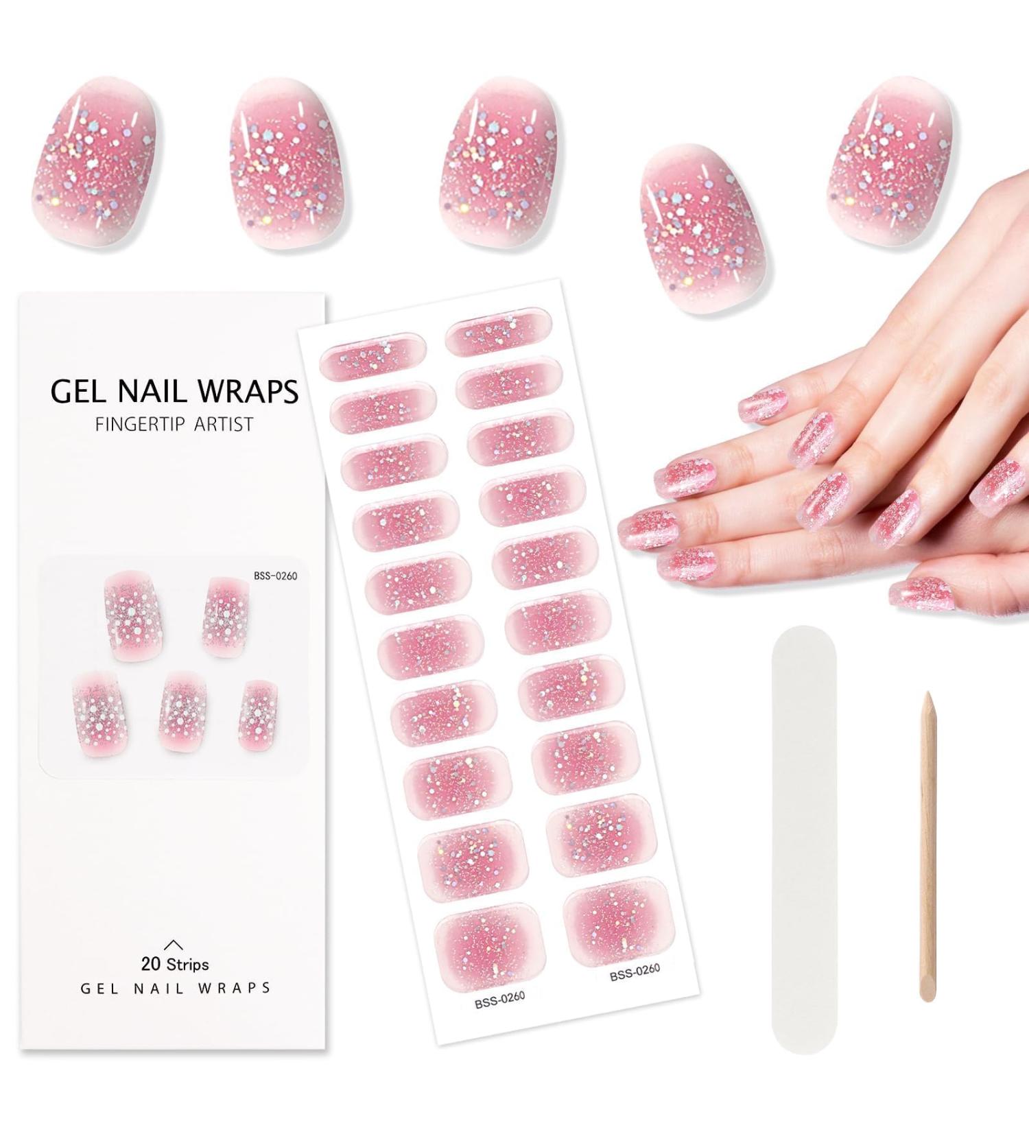 EBANKU Cured Gel Nail Strips Gel Nail Strips Long Lasting Waterproof Real Nail Polish Strips Wraps Stickers with Cuticle Stick Nail File Nail Wipes & Sealing(UV/LED Lamp Required) Pink Glitter - Buy Online on GoSupps.com