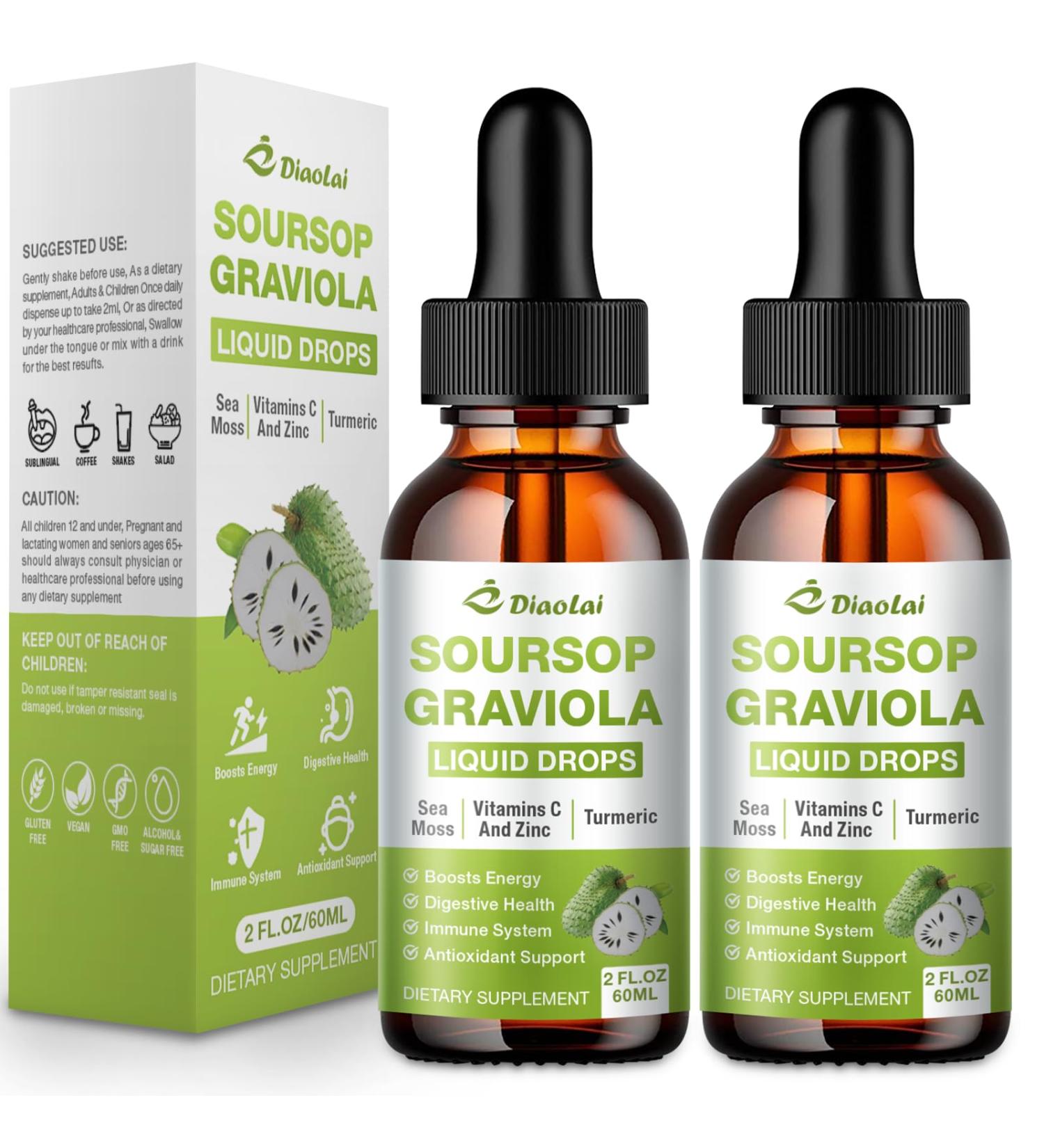 2 Pack Soursop Graviola Liquid Drops - 100% Pure Organic Graviola Extract (4 Fl Oz) - Immune Support Antioxidant Rich Natural Energy Boost - Vegan Non-GMO Alcohol-Free - Buy Online on GoSupps.com