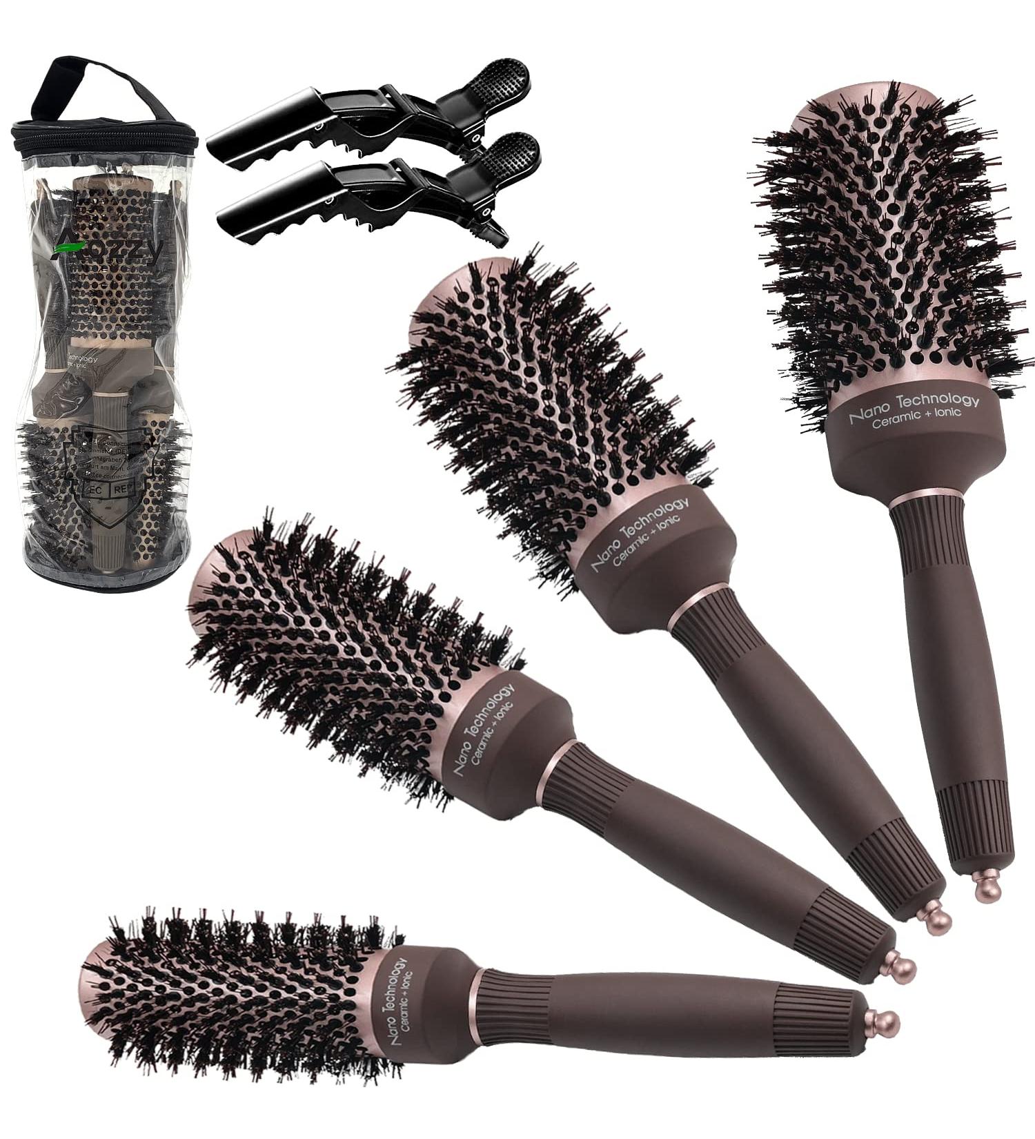 Ceramic Ion Thermal Barrel Round Brush Set - 4 Sizes Boar Bristle for Blow Drying, Styling, Curling - Brown Handle - Buy Online on GoSupps.com
