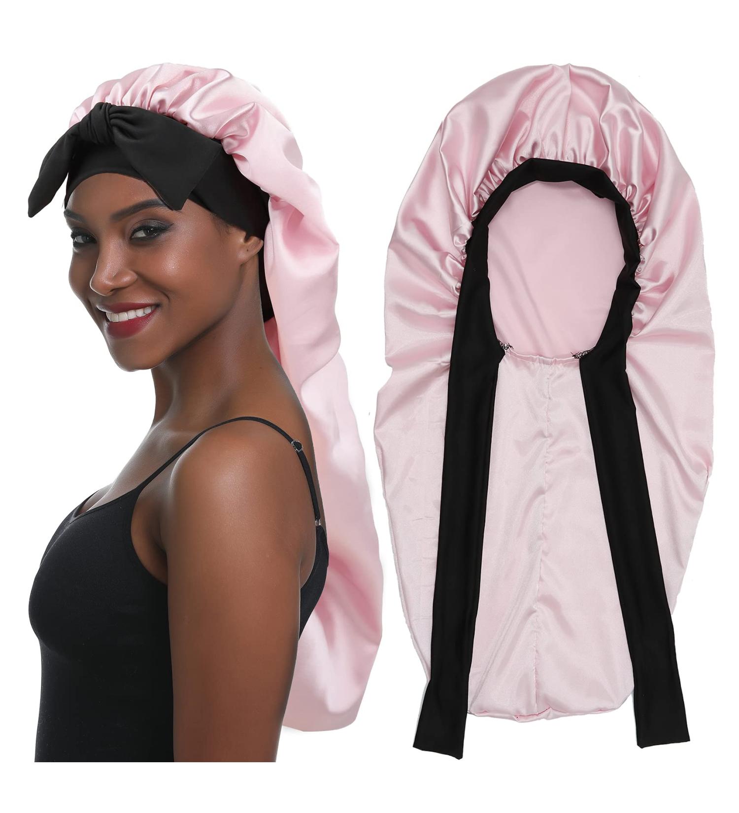 Sengterm Long Satin Hair Hood - Adjustable Silky Sleeping Hat for Women | Extra Big Size for Long Curls | Pink - Buy Online on GoSupps.com