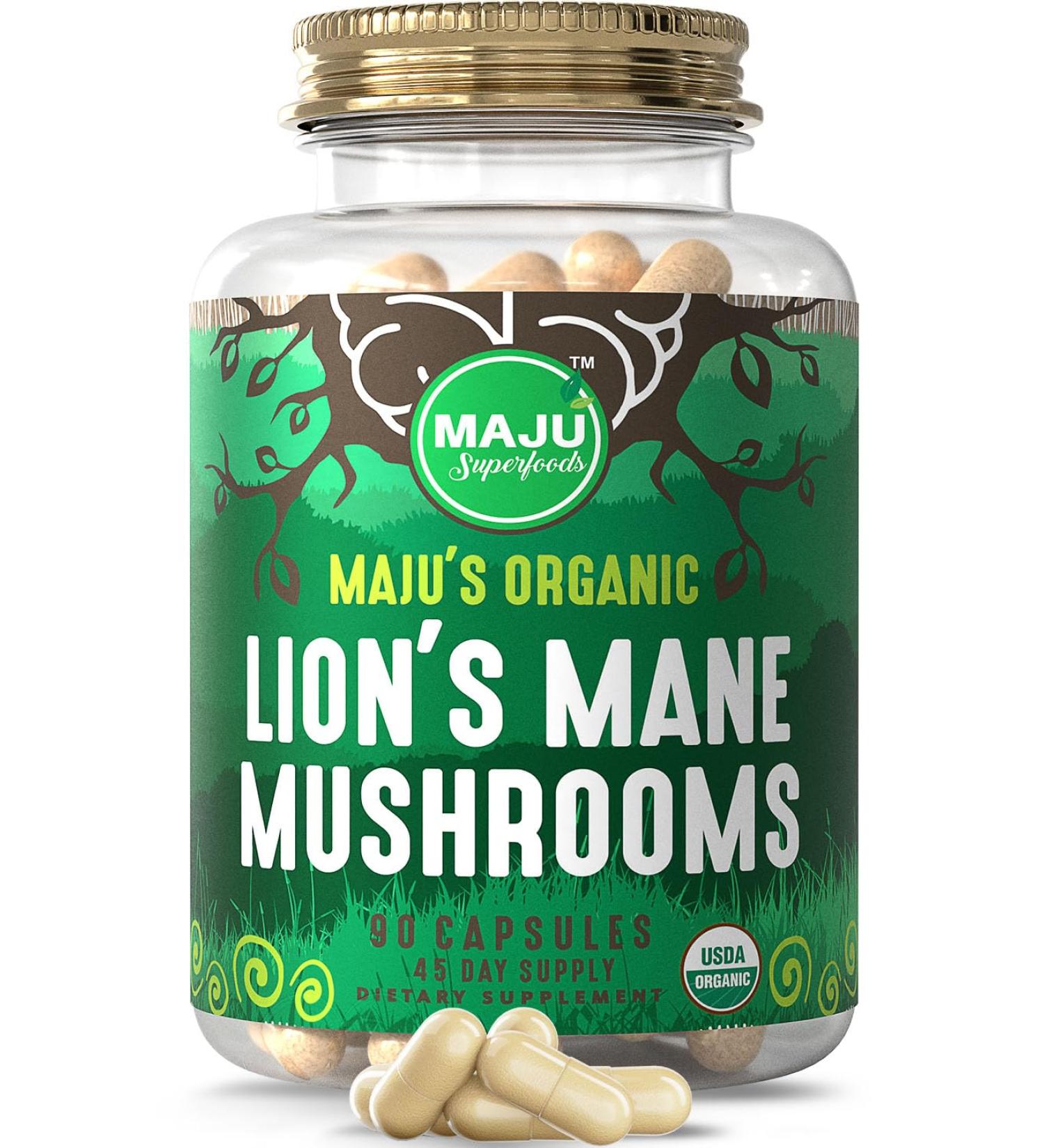 Maju Organic Lions Mane Mushroom Capsules 90ct | Fruiting Bodies Steam Extract | Organic Mushrooms with Black Pepper Extract | Hericium Erinaceus - Buy Online on GoSupps.com
