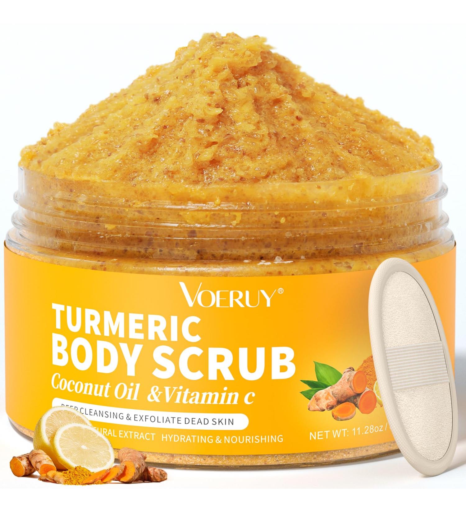 VOERUY Body Scrub Turmeric Exfoliating Body Scrub with Coconut Oil & Vitamin C Bikini Area Exfoliator Gently Exfoliate Body Hand and Foot Scrub Moisturized Skin for Women and Men 11.28oz/320g - Buy Online on GoSupps.com