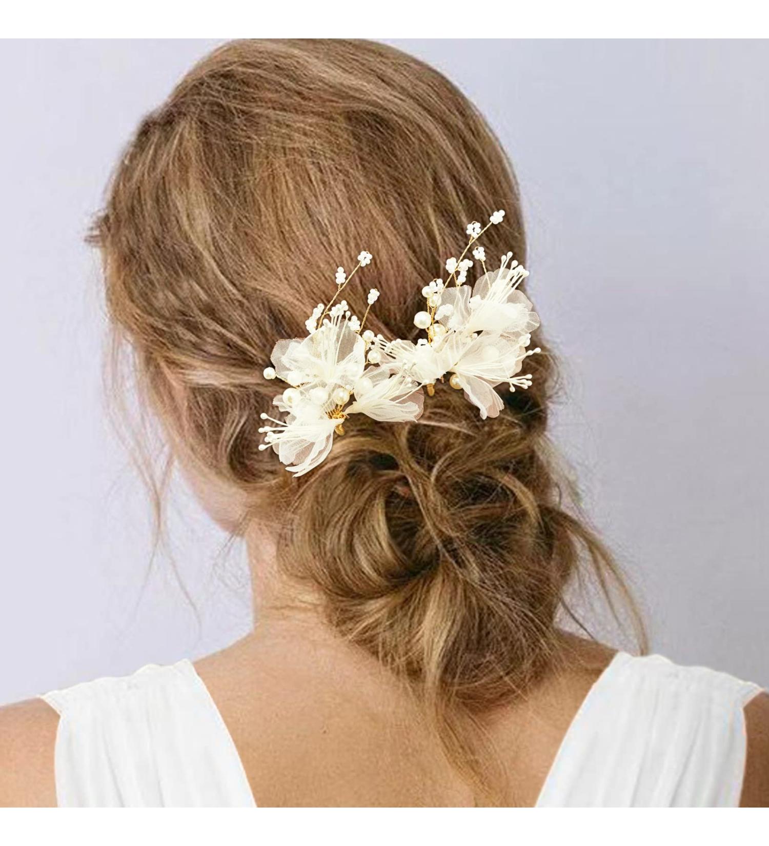 Pearl Wedding Hair Pins 2Pcs - White Flower Bridal Hair Pieces for Women & Flower Girls - Buy Online on GoSupps.com