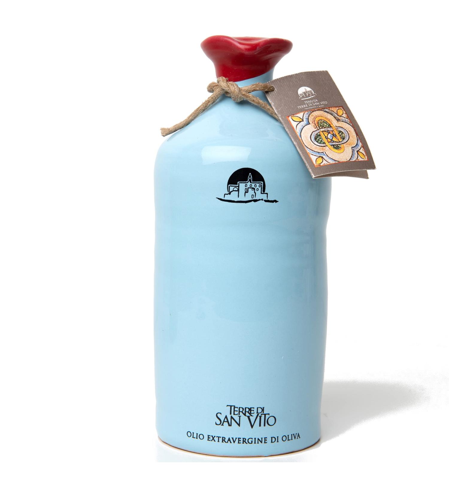 Terre Di San Vito Extra Virgin Olive Oil 475ml | Sky Blue Terracotta Jar | 100% Organic, Locally Grown, Hand-painted Jar | Handmade Storage Vessel - Buy Online on GoSupps.com