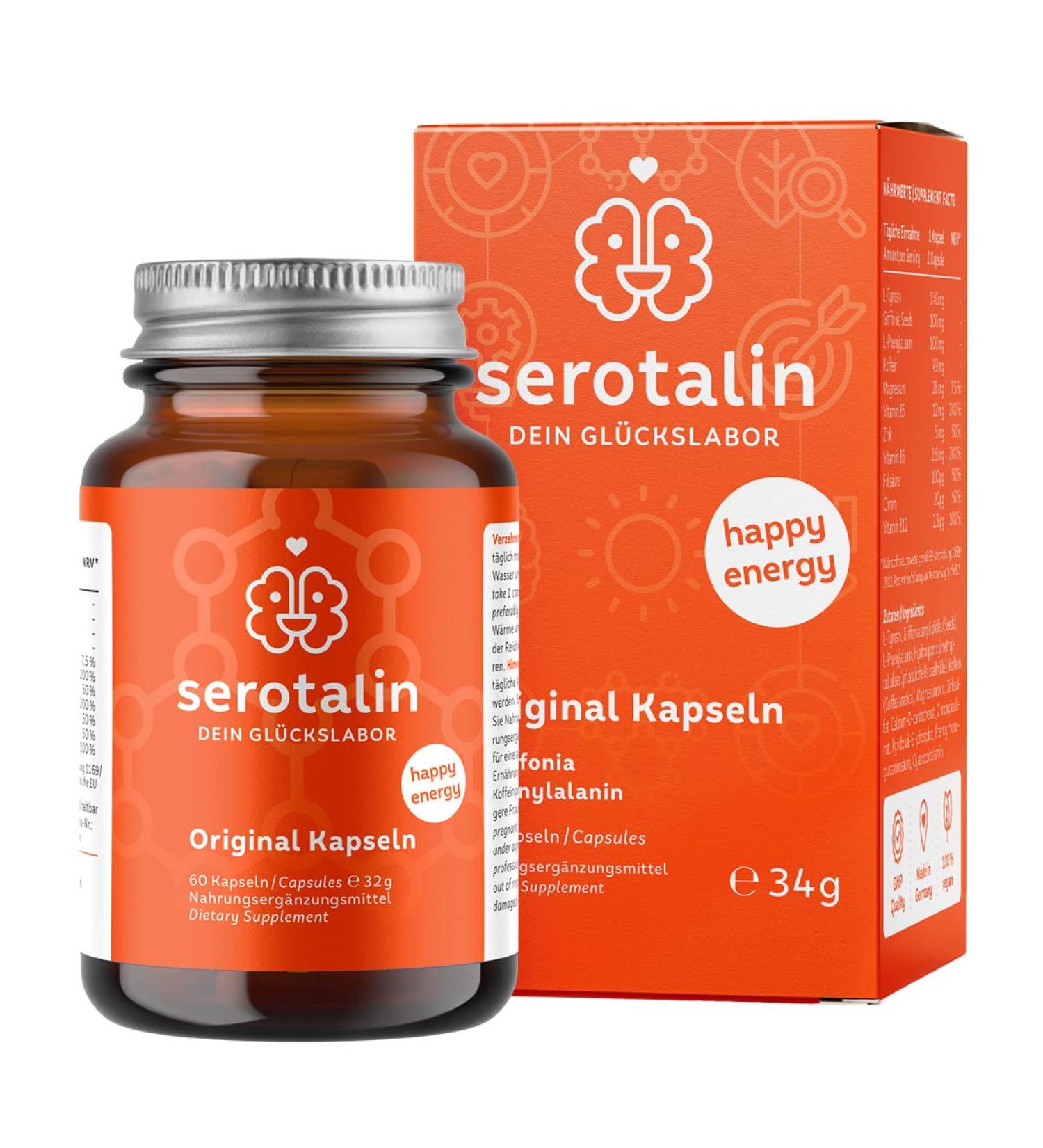 Serotalin Original 5-HTP Complex | High Strength Serotonin & Dopamine Booster | Energy & Focus with Griffonia, Vitamins & Phenylalanine | 60 Vegan Capsules | Made in Germany - Buy Online on GoSupps.com