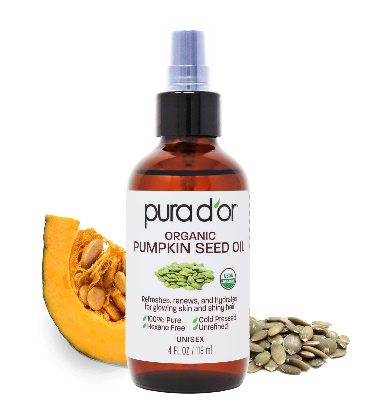 PURA D OR Organic Pumpkin Seed Oil 4 Oz - 100% Pure USDA Premium Body & Hair Growth Serum - Cold Pressed Unrefined Hexane-Free Oil for Men & Women - Buy Online on GoSupps.com