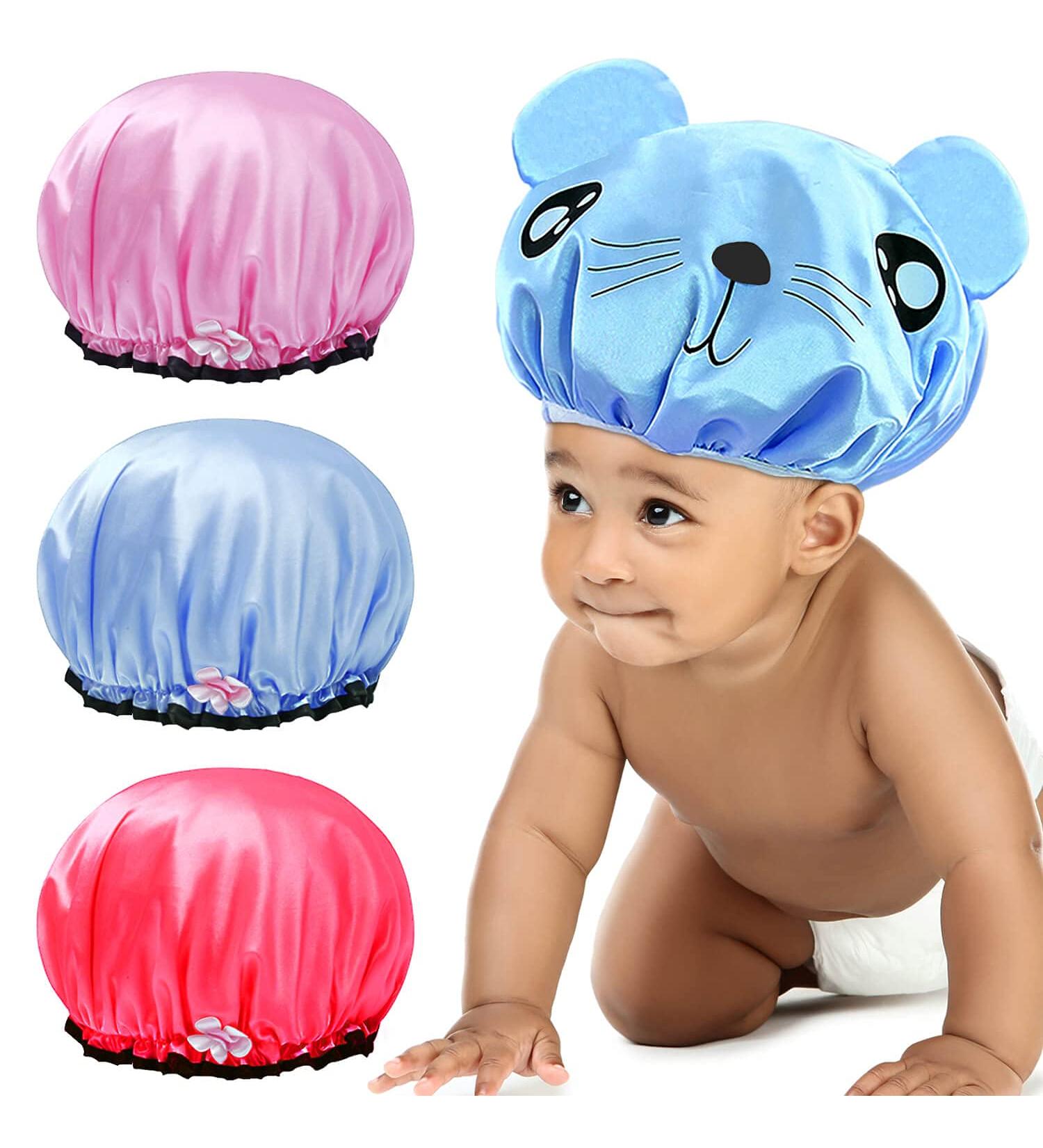 Satin Waterproof Kid Shower Cap & Sleep Bonnet Set - 4 Blue Pieces for Baby, Toddler, Child - Buy Online on GoSupps.com