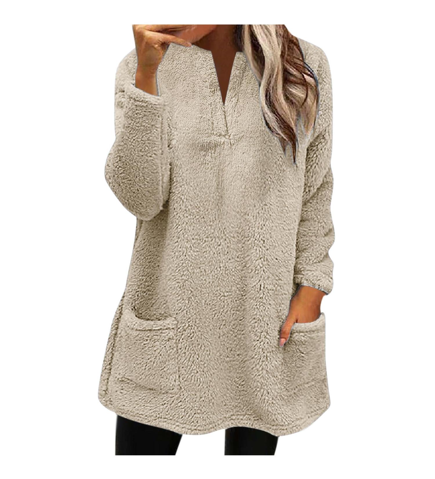 AMhomely Ladies Teddy Fleece Hooded Jumper Plus Size - Cozy V Neck Hoodies with Pocket for Winter - Khaki - Buy Online on GoSupps.com