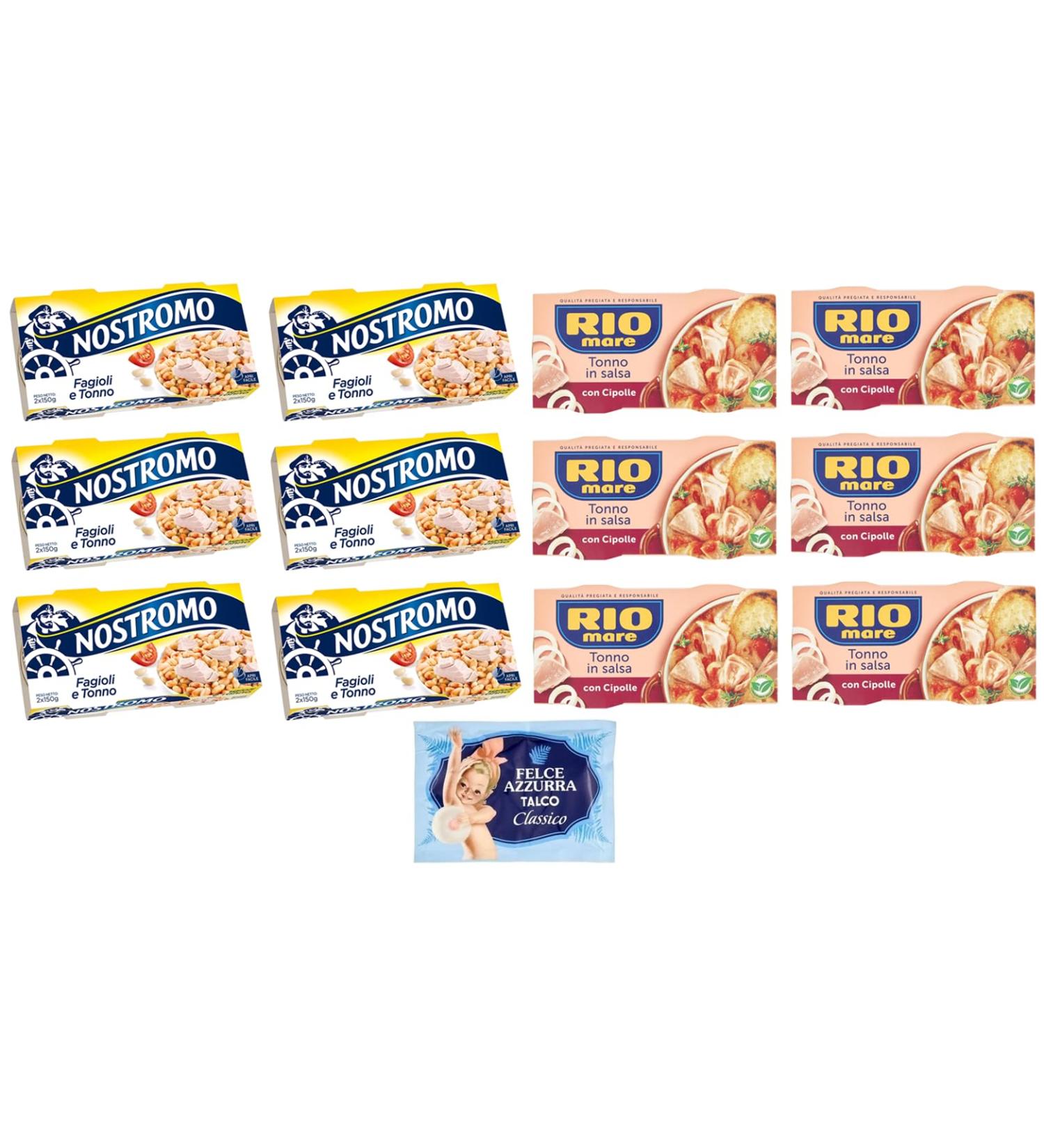 Rio Mare Set of 12 test bags for tuna and onions + tuna and beans Nostromo 2 x 150 g + 1 bag of talc Felce Azzurra 100 g - Buy Online on GoSupps.com