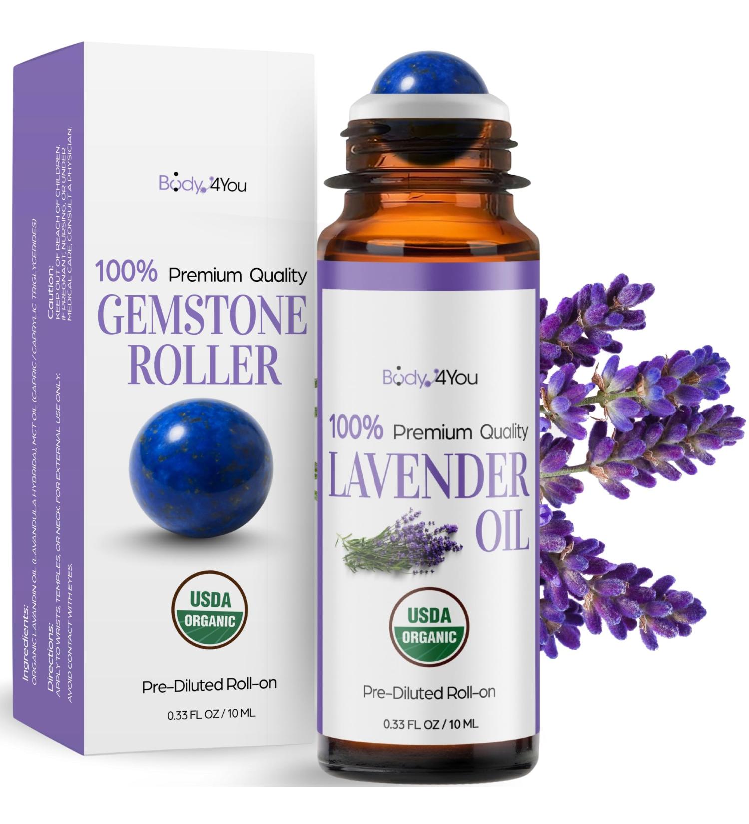 Lavender Essential Oil Roll On Sleep Relaxation Stress Relief - 100% Pure USDA Organic MCT Coconut Oil - Natural Lapis Lazuli Stone Roller - Calm Bedtime Routine Pulse Point - Amber Glass Bottle 10ml - Buy Online on GoSupps.com