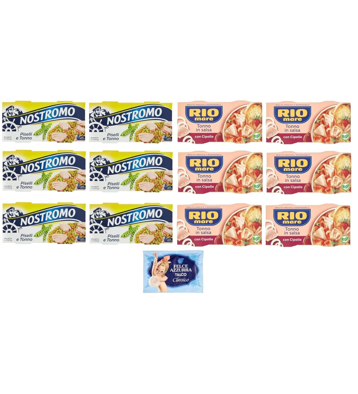 Rio Mare Pack of 12 Tuna and Onion Test Sachets + Nostromo Tuna and Peas 2 x 150 g + 1 Felce Azzurra Talc Sachet 100 g - Buy Online on GoSupps.com