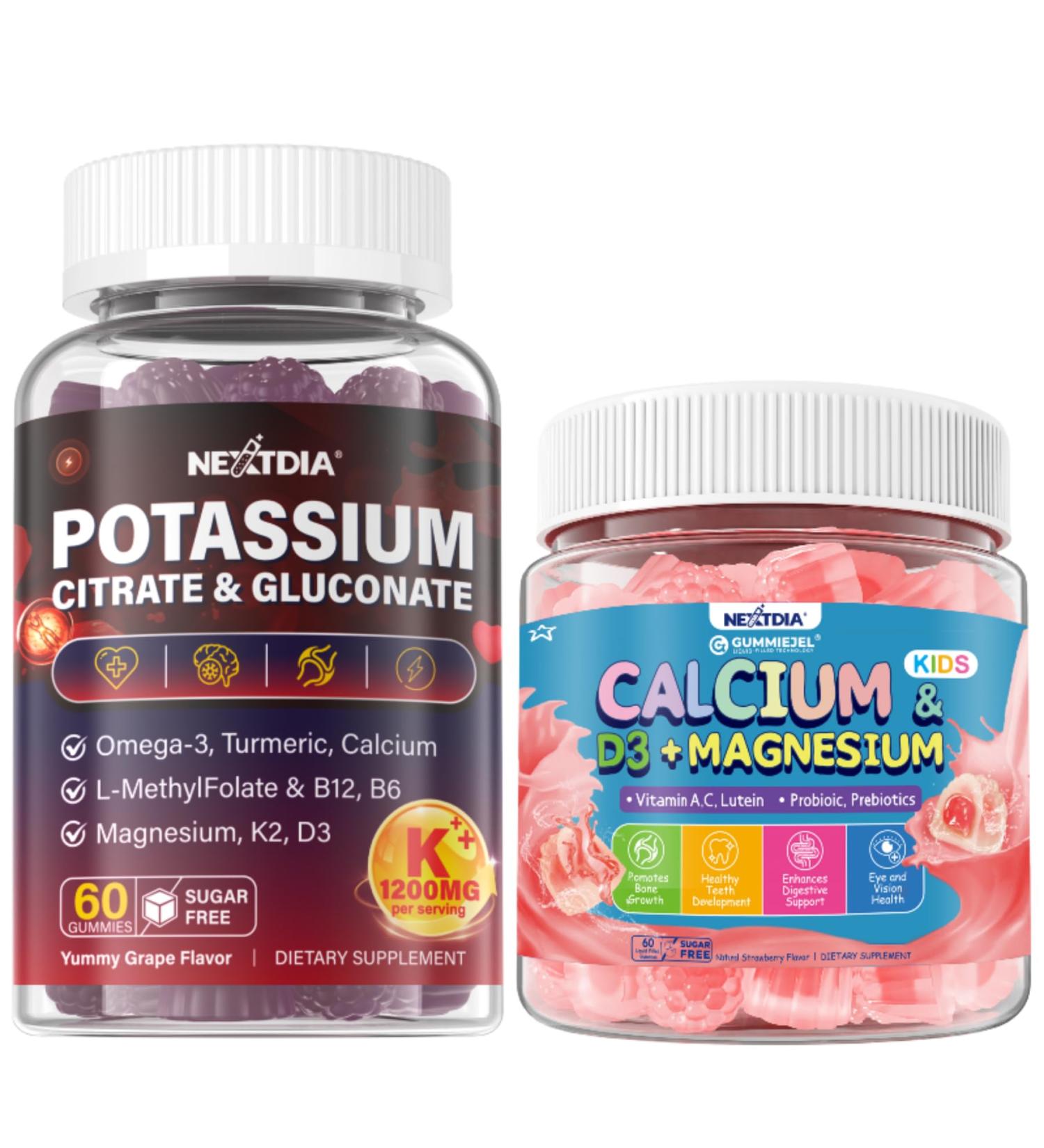 Bundle: Potassium Citrate & Gluconate Gummies 1200mg + Kids Calcium Gummies + D3 & Magnesium for 4+ - Buy Online on GoSupps.com