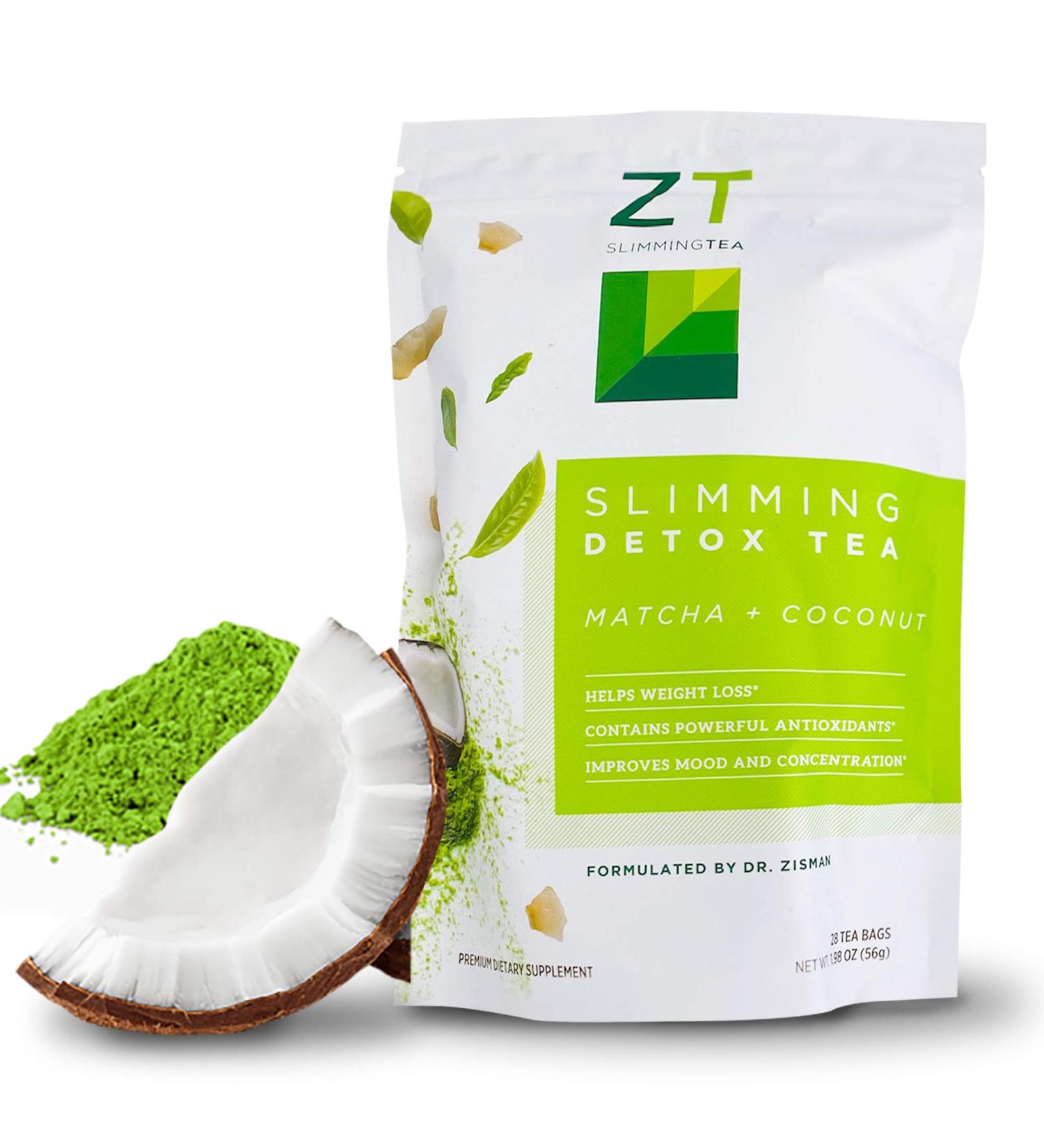 Dr. Zisman ZT Slimming Tea Matcha-Coconut Detox Blend - 28 Tea Bags for Weight Loss, Antioxidant Effects, Mood Enhancement, and Improved Concentration - Buy Online on GoSupps.com