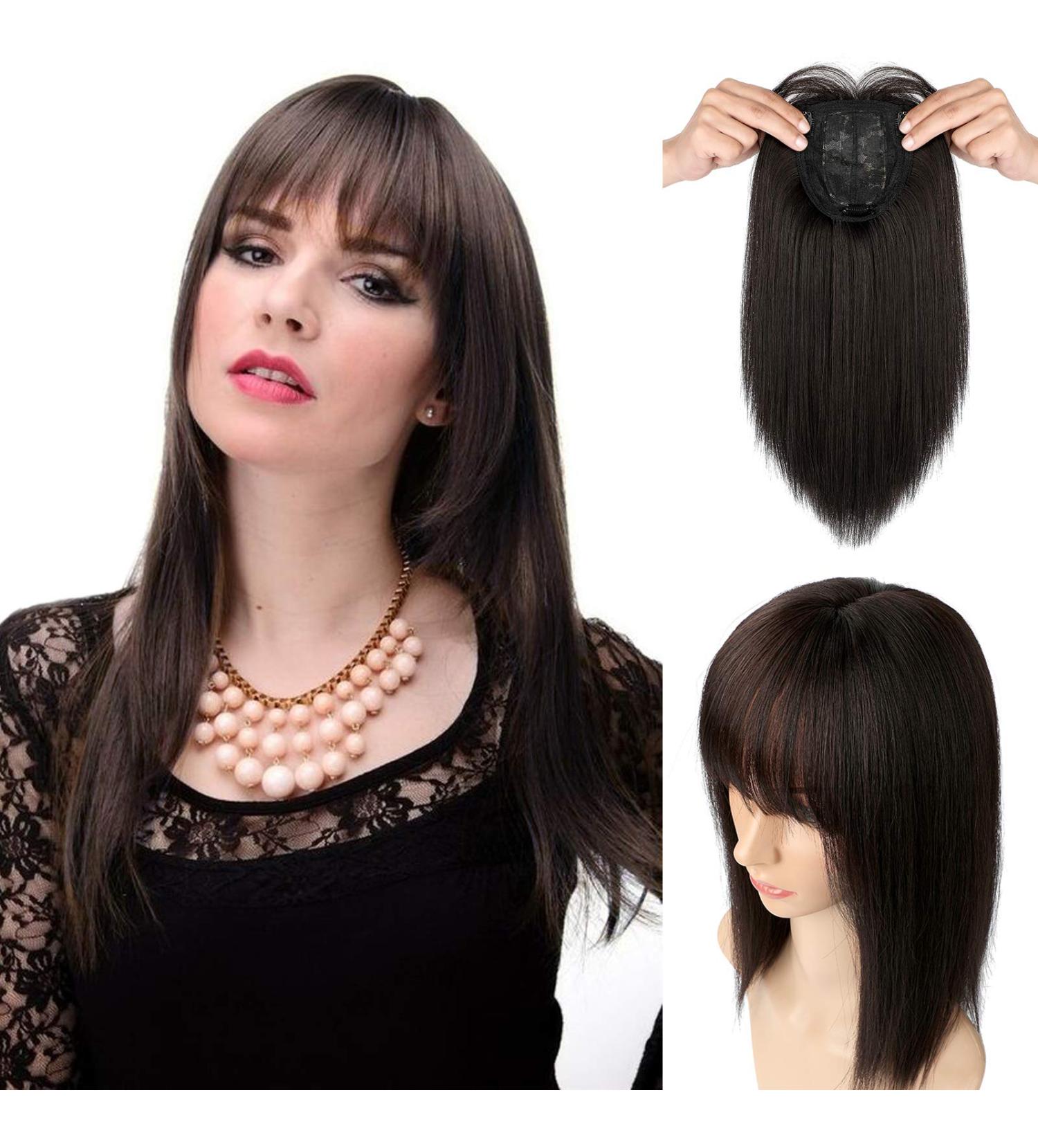Felendy 14 Inch Hair Topper with Bangs | 200% Density Silk Base Clip in Extensions for Women with Thinning Hair - Dark Brown-2 - Buy Online on GoSupps.com