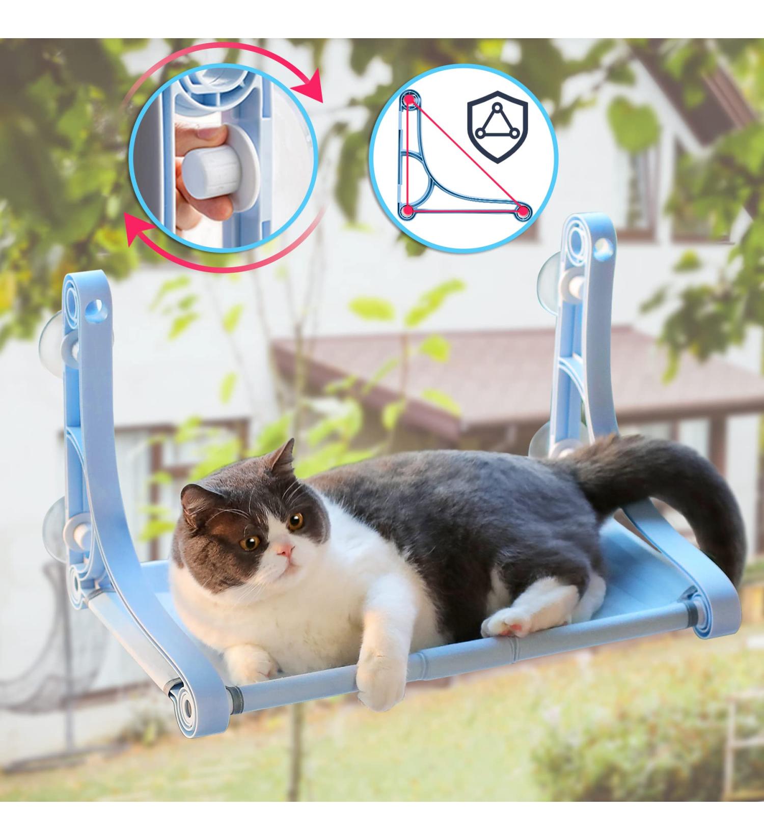 Cat Hammock Window Perch - Large Pet Resting Seat for Indoor Cats - Blue Kitty Bed for Sleeping & Playing - Buy Online on GoSupps.com