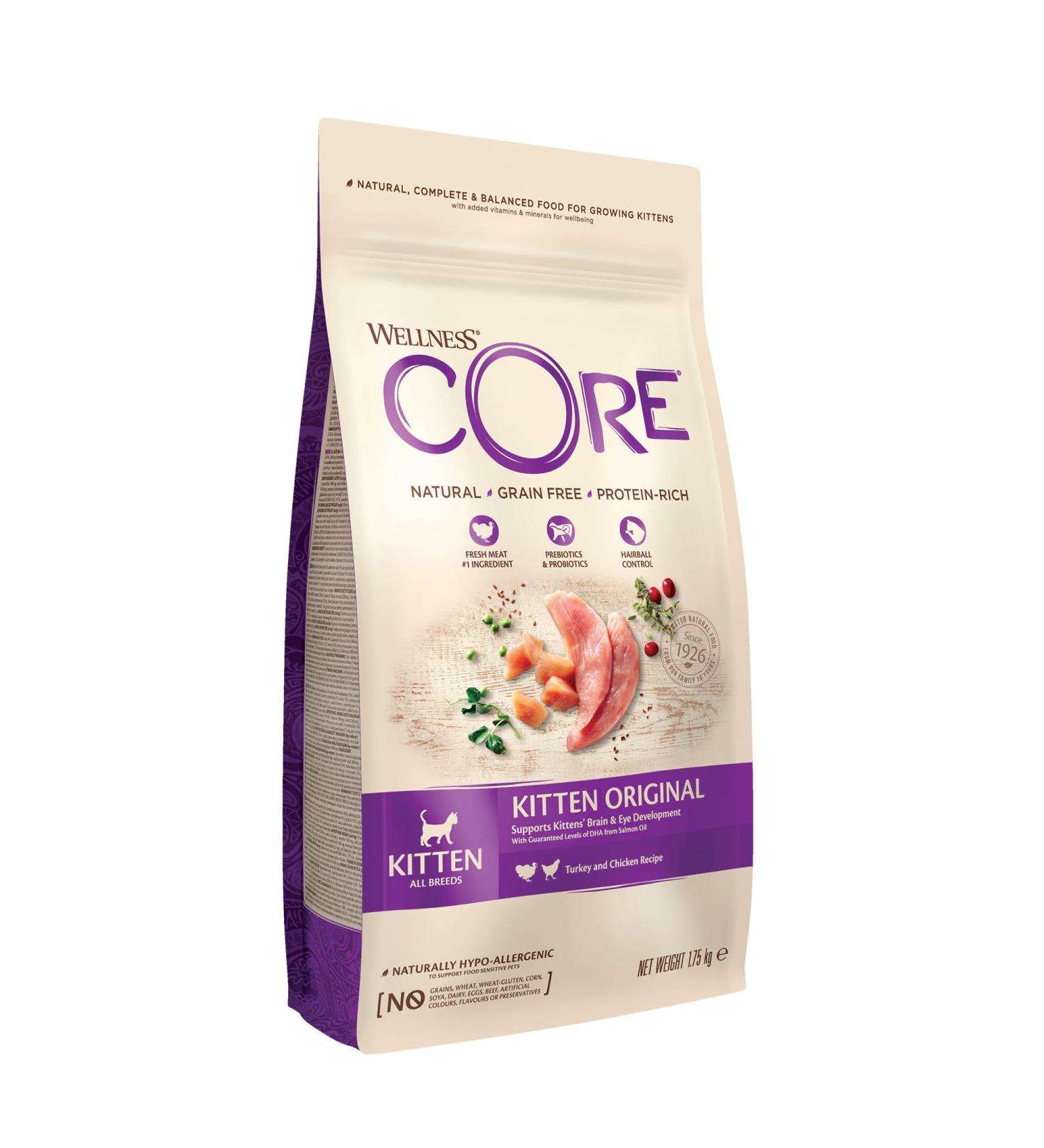 Wellness CORE Kitten Original 1.75kg Turkey & Chicken Kitten Dry Food All-Natural Grain-Free High Meat Content Protein-Rich Supports Brain & Eye Development Dry Food 1.75kg - Buy Online on GoSupps.com