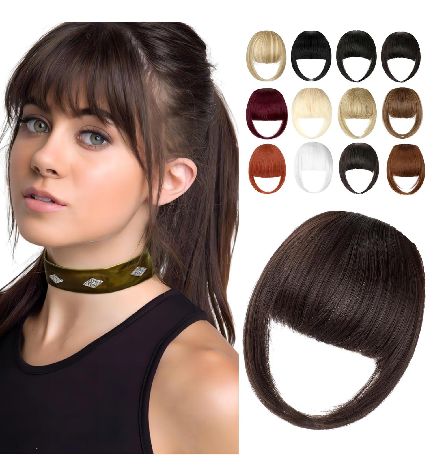 Buy Clip in Bangs | Medium Brown Synthetic French Bangs Hair Extensions for Women - Natural Curved Fringe for Daily Wear - Buy Online on GoSupps.com