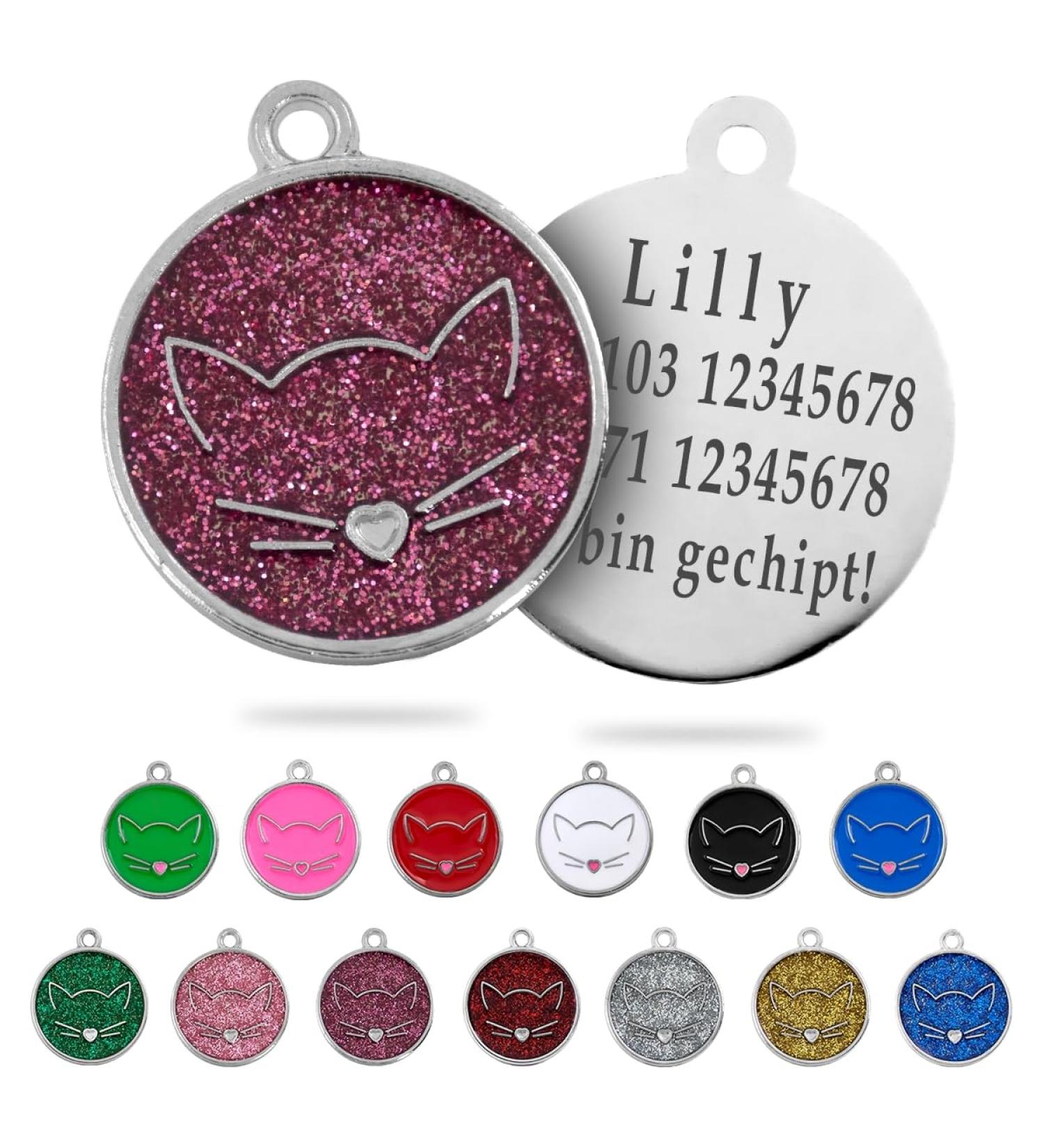 Ibera Gifts - Personalized Round Cat Necklace for Medium to Large Cats | Engraved Name & Address Collar | Fuchsia Glitter - Buy Online on GoSupps.com