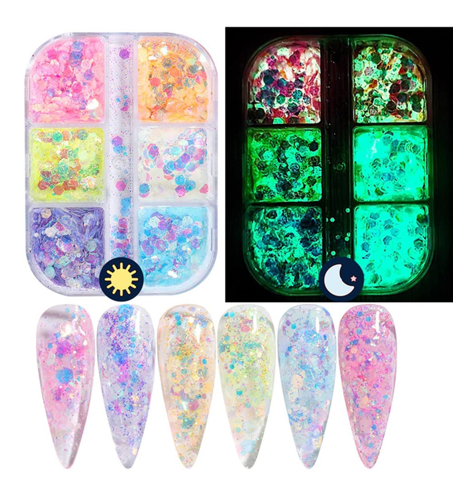 Holographic Luminous Nail Glitter Sequins - 6 Colors, Fluorescent 3D Sparkle, Shinning Confetti Manicure Tips Decorations - Buy Online on GoSupps.com