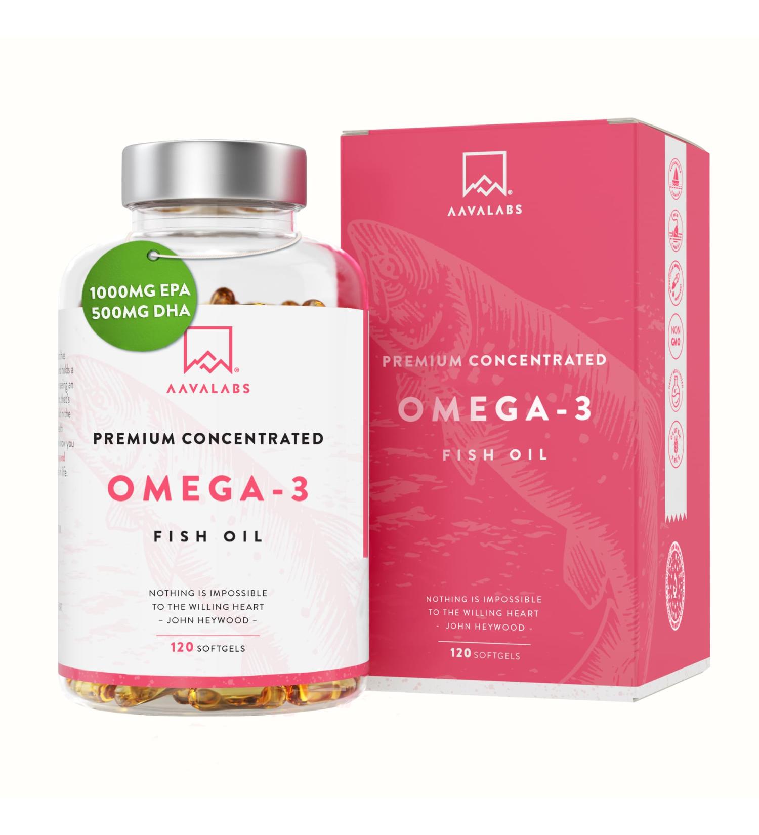 AAVALABS Omega 3 Fish Oil 2000mg - High Strength 1000mg EPA + 500mg DHA - Molecularly Distilled - 120 Capsules - Buy Online on GoSupps.com