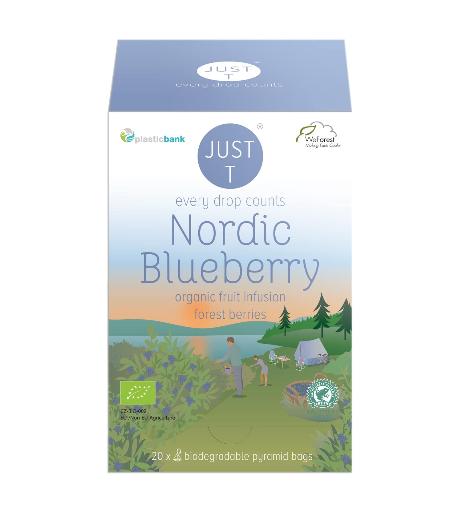 JUST T Nordic Blueberry Premium Pyramid Tea Bag (20 pcs) | Organic Forest Berry Infused Fruit Tea | Biodegradable Tea Bags | High-Grown Leaf Tea - Buy Online on GoSupps.com