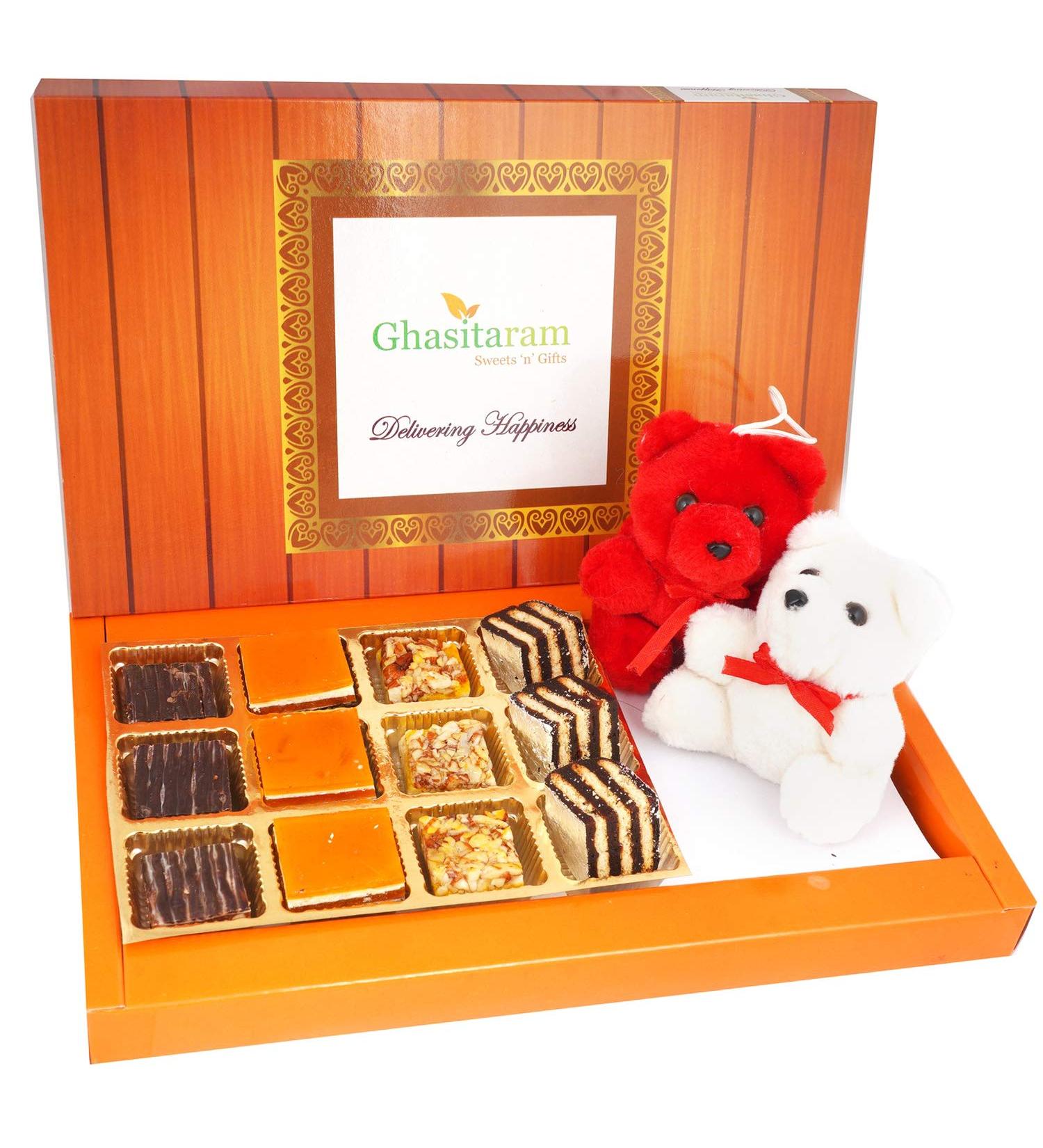 Ghasitaram Gifts Valentines Gift for Girlfriend/Boyfriend/Husband and Wife - Valentine Sweets Sweetheart Special Delights Box and 2 Teddies - Buy Online on GoSupps.com