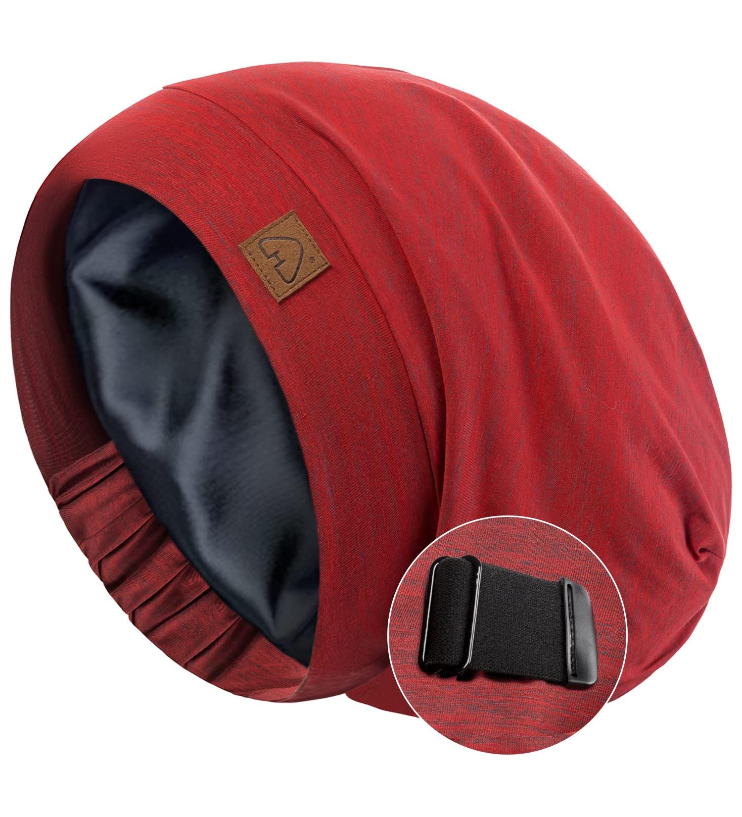 Satin Silk Lined Sleep Cap for Natural Curly Hair | Adjustable Bonnet Hat for Sleeping | Grey Burgundy - Buy Online on GoSupps.com