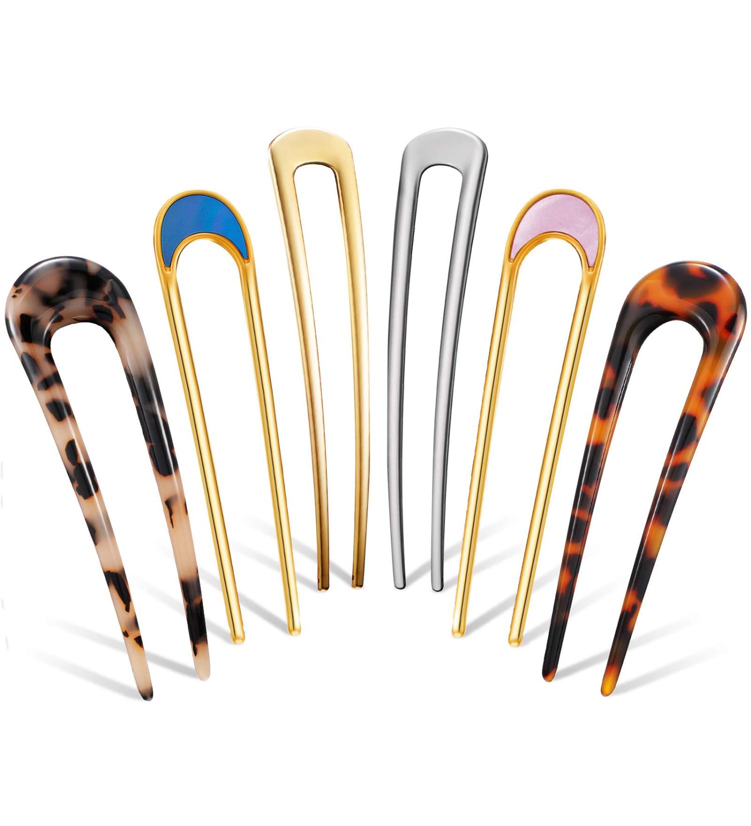 6-Piece Tortoise Shell U-Shaped Hairpin Set for Women - French Style Updo Hair Stick Forks for Chignon Hairstyles - Buy Online on GoSupps.com