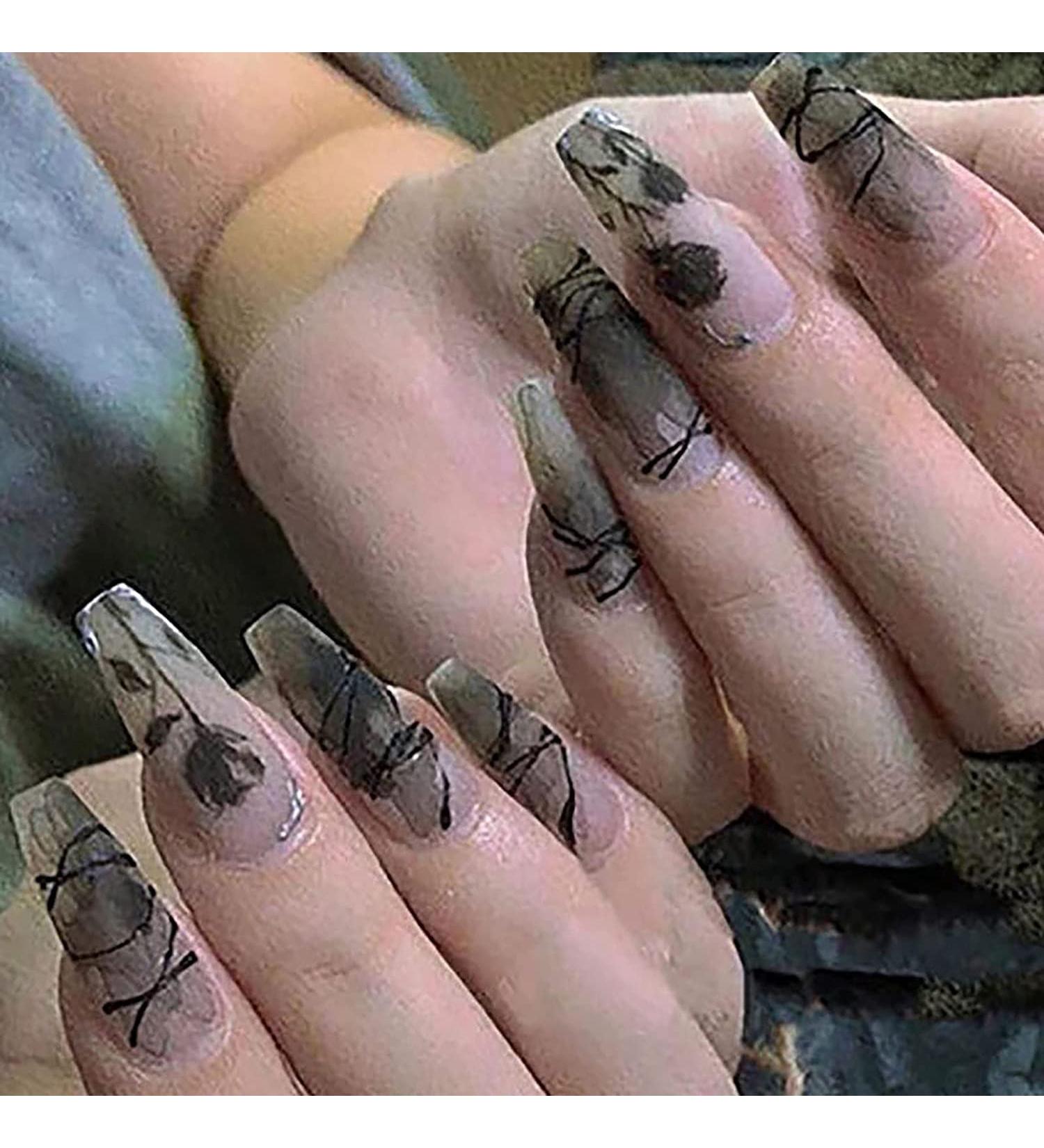 Shop Hzydd Black Press-On Nails - Spring Geometry Print Acrylic French Tips - Gel Finish Nail Art for Women & Girls - Buy Online on GoSupps.com