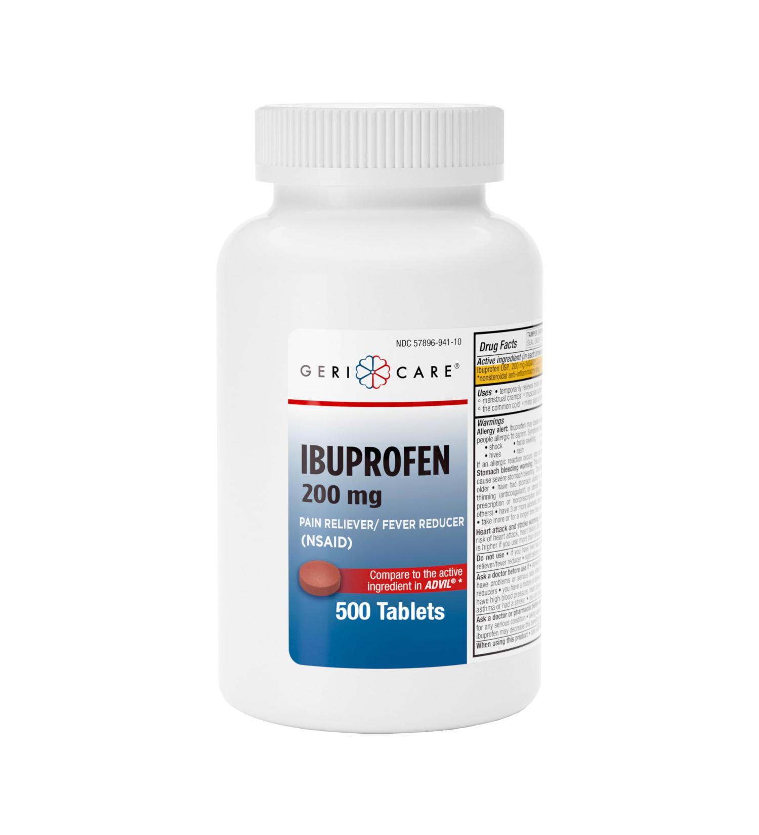 GeriCare Ibuprofen 200mg, Pain Reliever, Fever Reducer, Relieves Body Aches, 500 Count (Pack of 1) - Buy Online on GoSupps.com