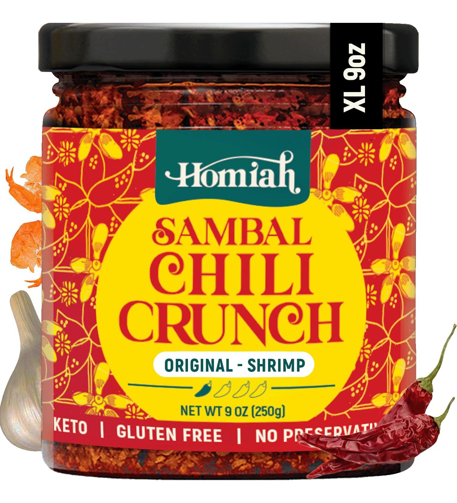 Homiah Sambal Chili Crunch Original Shrimp 9oz Jar - Gluten Free Non-GMO Sambal Oelek Paste with Shrimp. Crunchy Chili Crisp Condiment for Topping  Low Sodium & Less Oil. - Buy Online on GoSupps.com