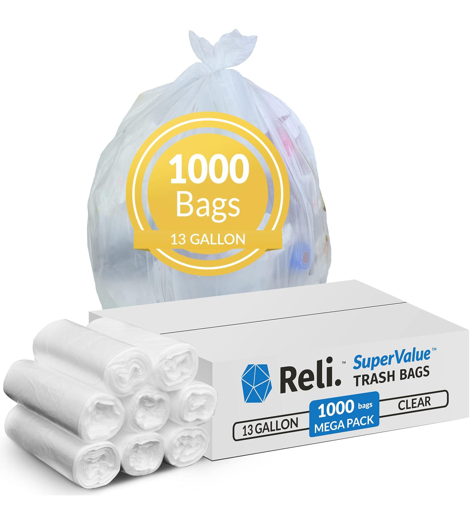 Reli. SuperValue 13 Gallon Trash Bags - 1000 Count | Tall Kitchen Garbage Bags Bulk - Clear Liners for 12-16 Gallon Cans | Unscented - Buy Online on GoSupps.com