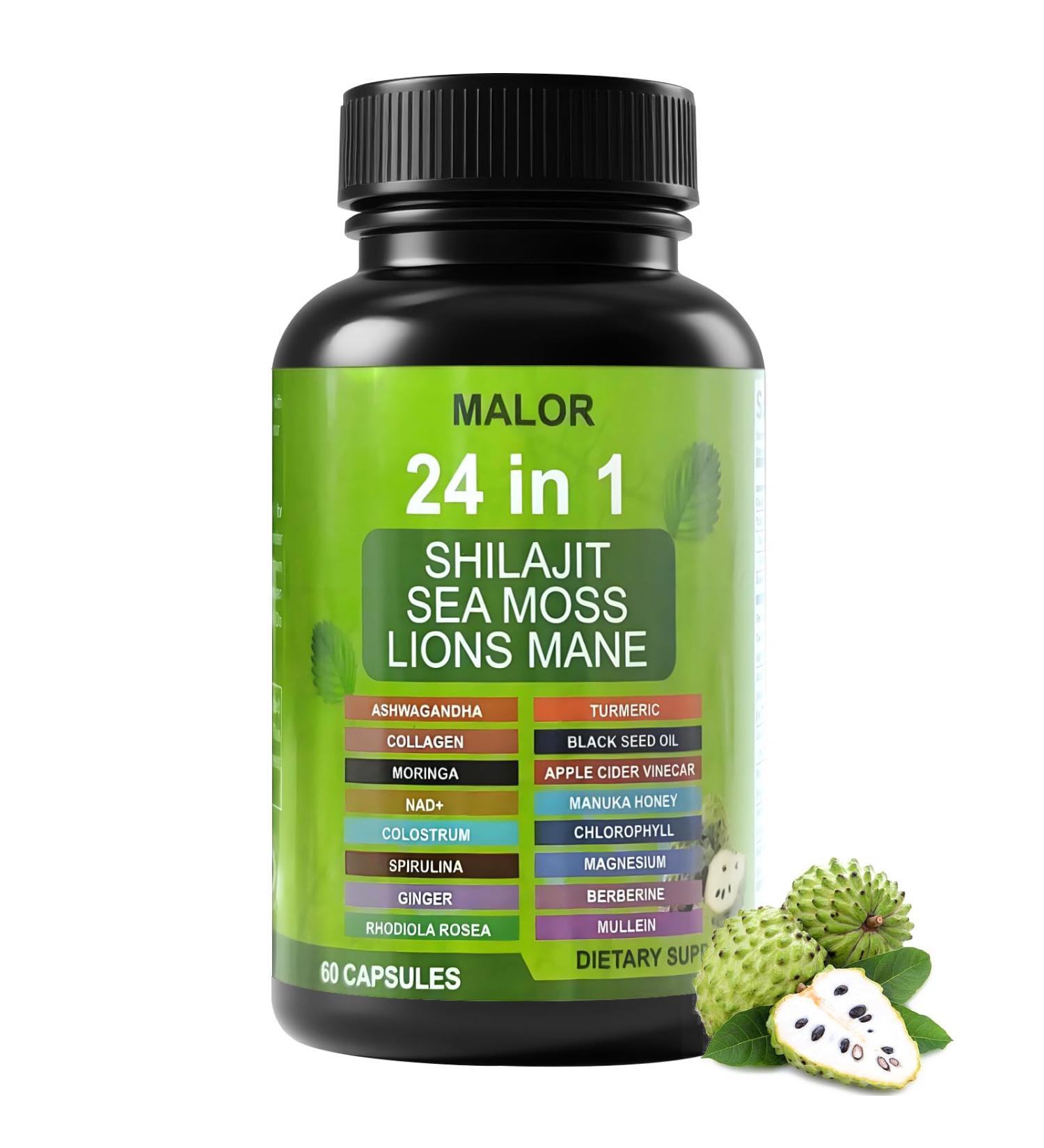 24 in 1 Soursop Graviola Capsules - Herbal Supplement with Shilajit Sea Moss Turmeric Ashwagandha - Vegan Non-GMO 60 Capsules (1) - Buy Online on GoSupps.com