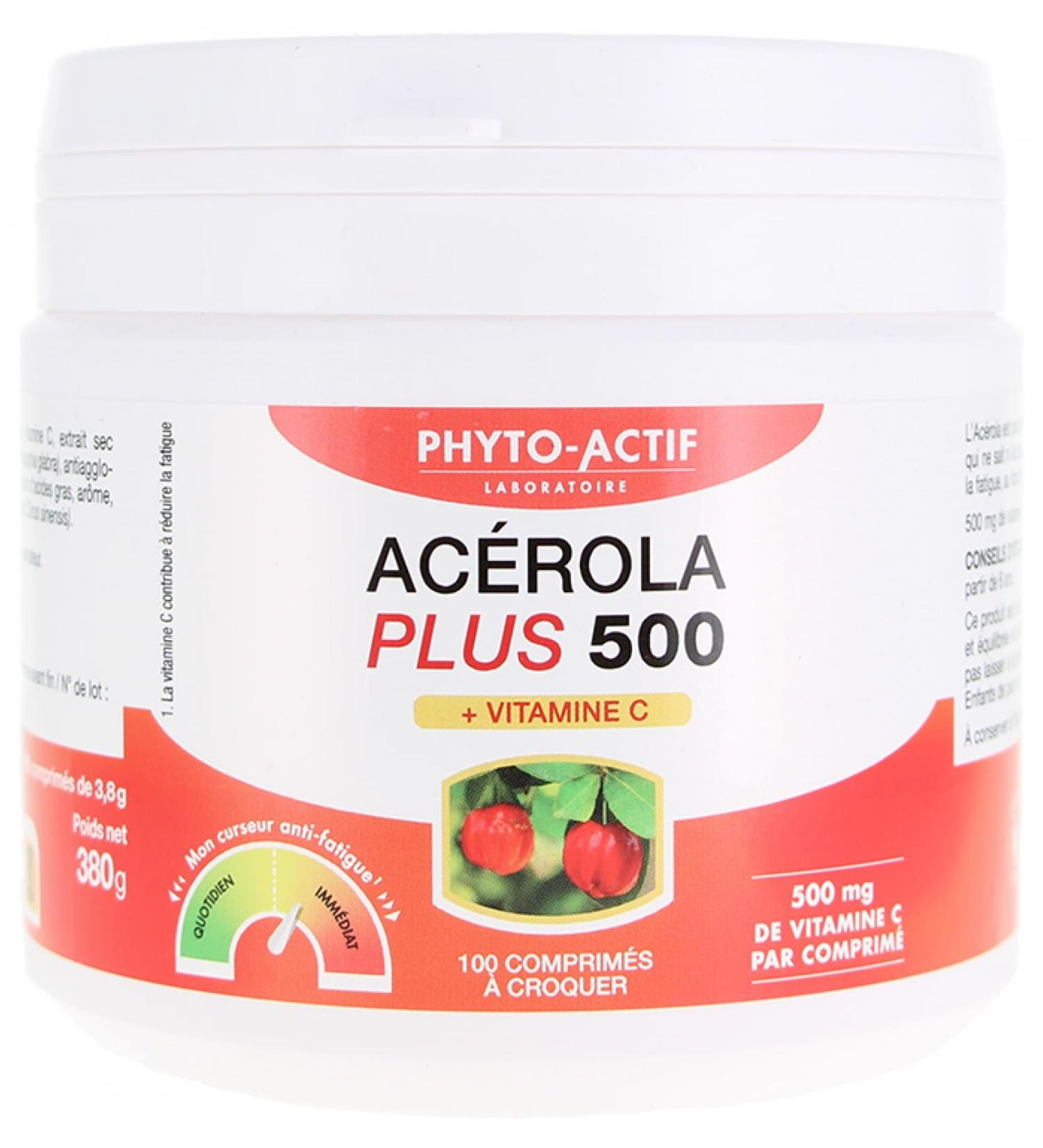 Phyto-Actif | Ac rola Plus 500 - Vitamine C Naturelle | Fatigue Immunit nergie | Go t fruits rouges | Extrait d'ac rola bio | Bio & Vegan | 100 comprim s croquer | Fabriqu en France