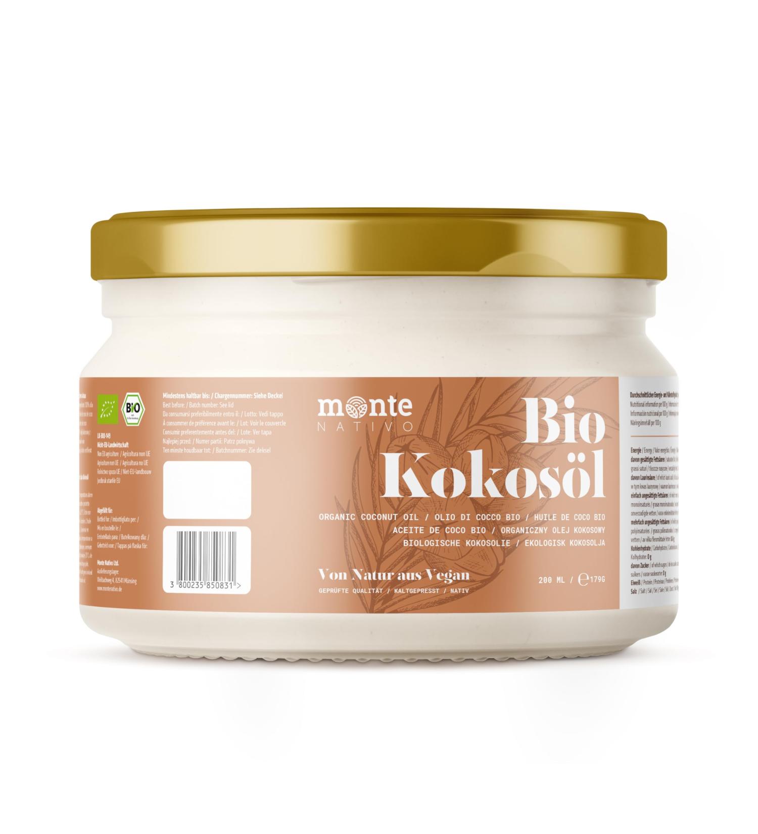 Organic Coconut Oil Montenativo 200ml - 1st Cold Pressed Premium Quality for Cooking Baking Hair & Skin - Natural & Raw - Buy Online on GoSupps.com