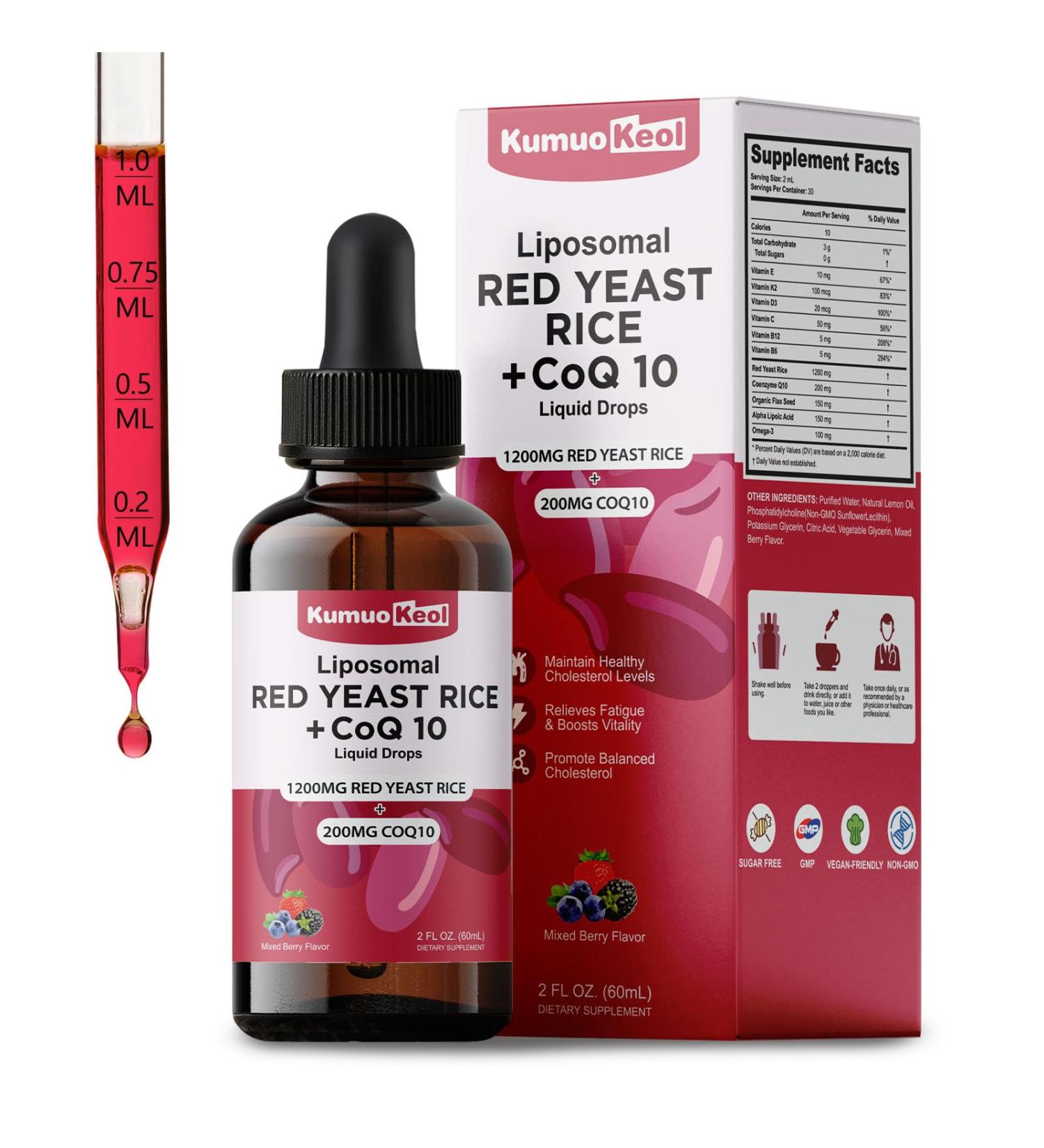 KumuoKeol Red Yeast Rice with Coq10 Liquid Drops Red Rice Yeast 1200mg for Cholesterol Support with Citrus Bergamot Omega-3 & Astaxanthin for Heart Health Vegan Mixed Berry 2 FL OZ - Buy Online on GoSupps.com