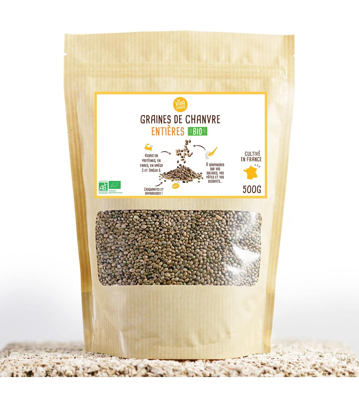 Organic whole hemp seeds, rich in protein, fiber, omega 3 and omega 6