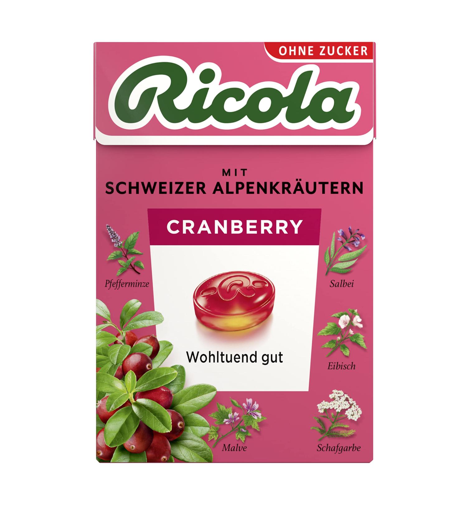 Ricola Cranberry Herbal Candies 50g Sugar-Free Vegan Swiss Treats with 13 Alpine Herbs - Buy Online on GoSupps.com