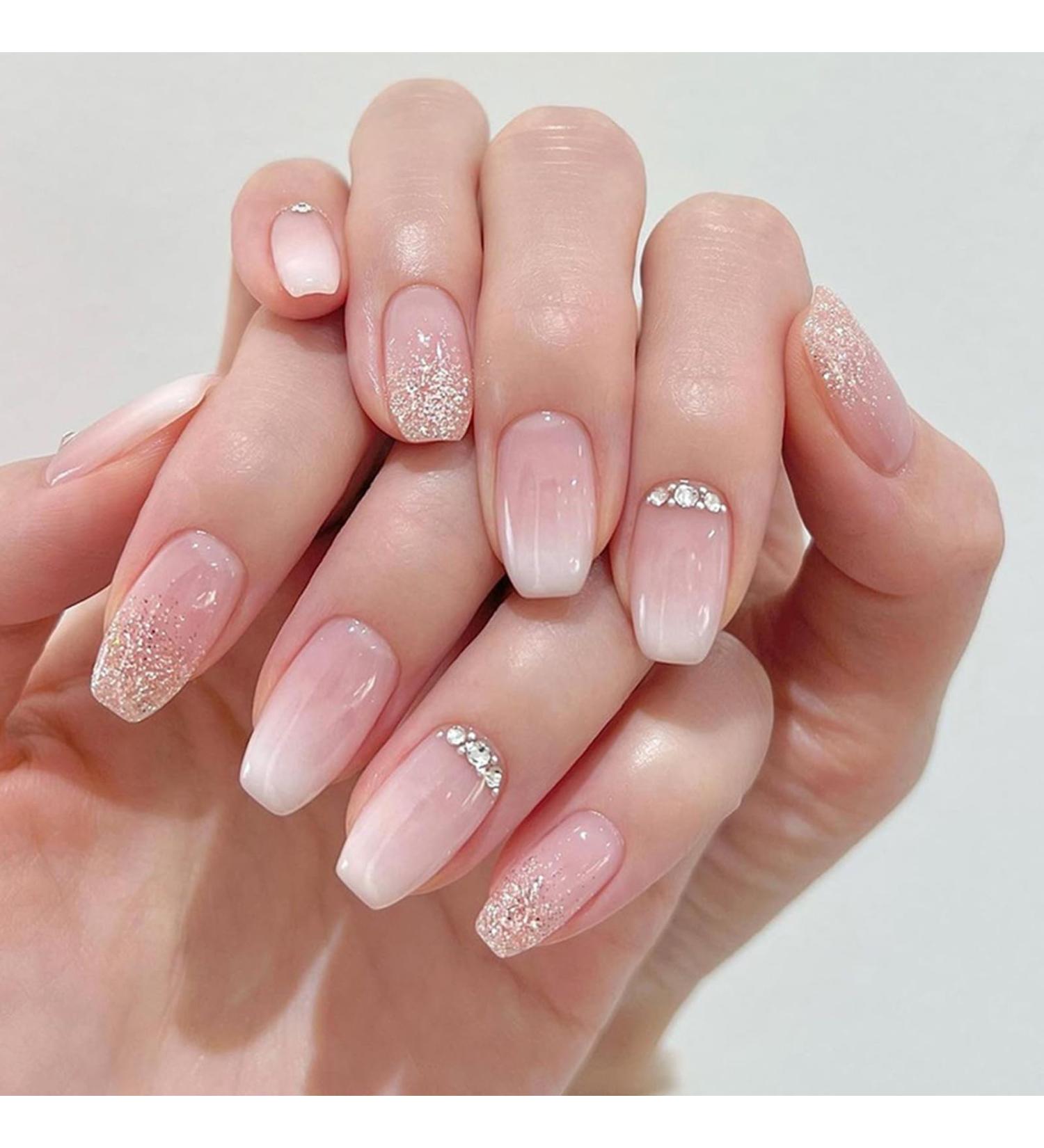 24Pcs Short Coffin French False Press On Nails with Rhinestones Gradient - Nude Pink Stick on Nails for Women - Removable Glue-on Acrylic Fake Nails - Buy Online on GoSupps.com