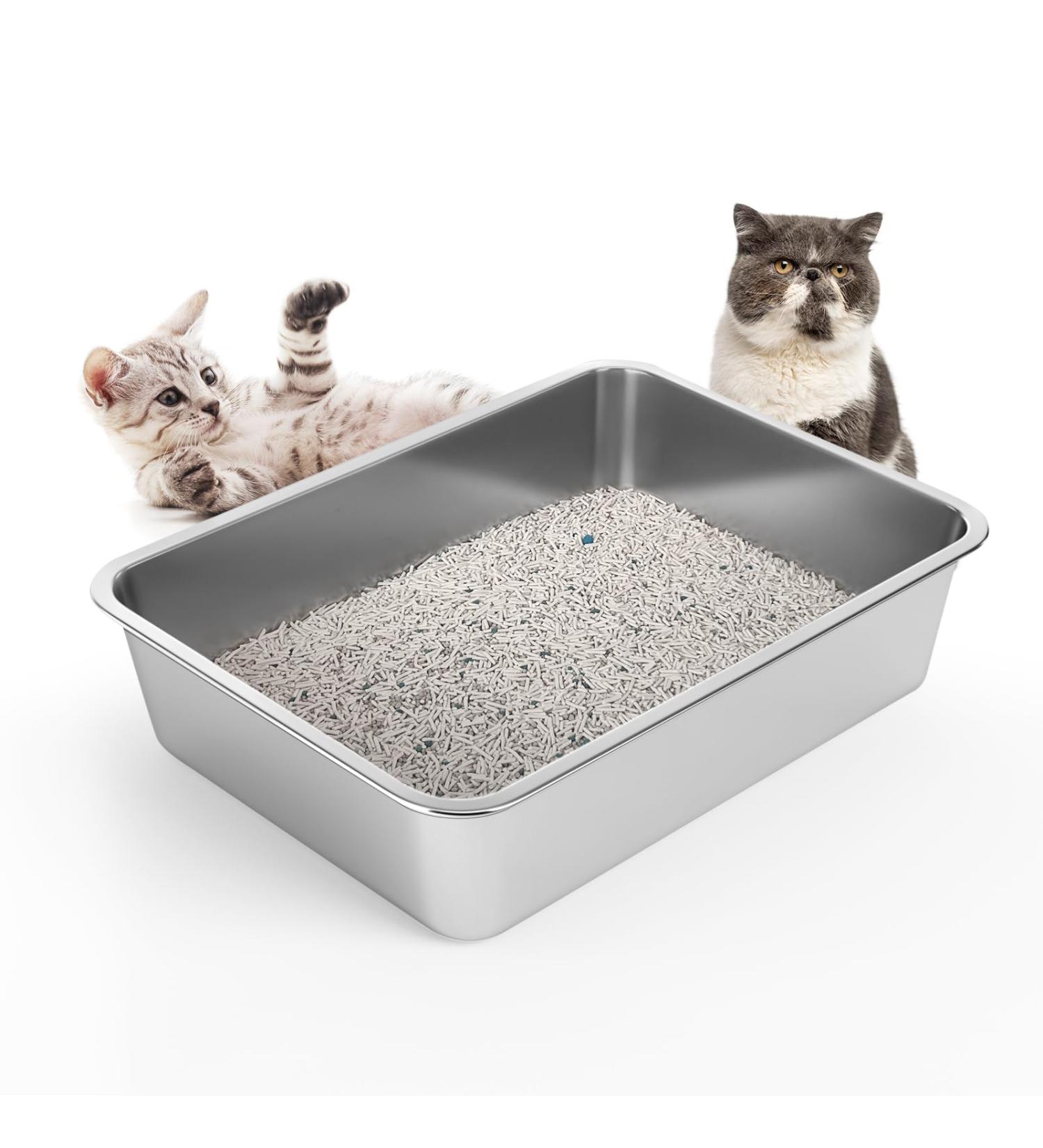 Lihong Stainless Steel Cat Toilet - Durable Cat & Bunny Litter Box (40x30x10 cm) - Perfect for Large Cats & Rabbits - Silver - Buy Online on GoSupps.com