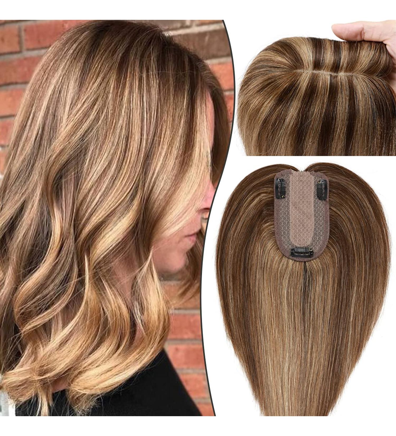 S-noilite Silk Base Topper: 10 130% Density Balayage Clip-in Human Hair Top Piece for Thinning Hair - Medium Brown/Dark Blonde - Buy Online on GoSupps.com