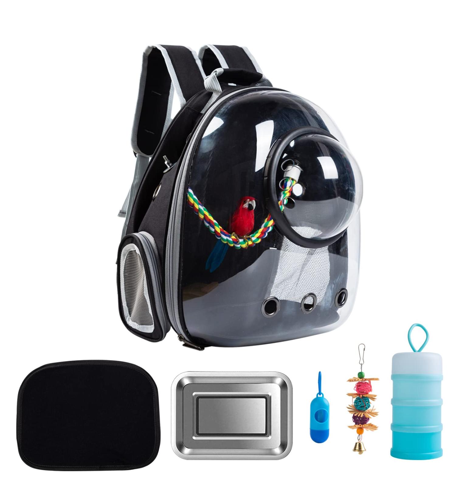 Portable Bird Carrier Travel Cage - Lightweight Breathable Bag with Feeder Cups and Toys for Parrots, Guinea Pigs, Rats - Black - Buy Online on GoSupps.com