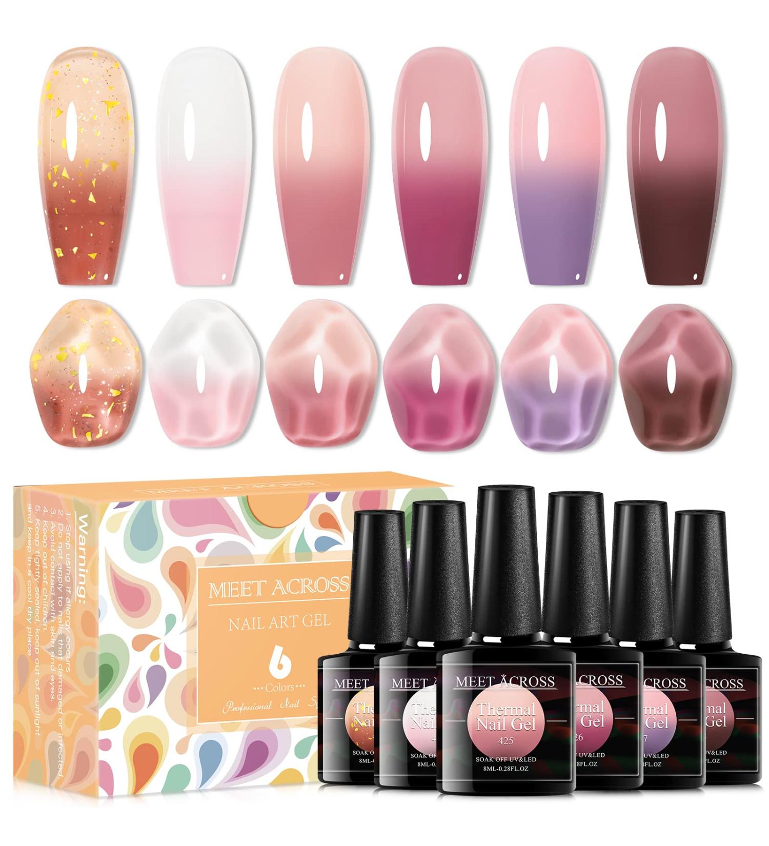 MEET ACROSS Pink Color Changing Gel Nail Polish Set - Mood Temperature Change Translucent Nude Pink Gel Polish with Foil & Crystal Accents - Buy Online on GoSupps.com