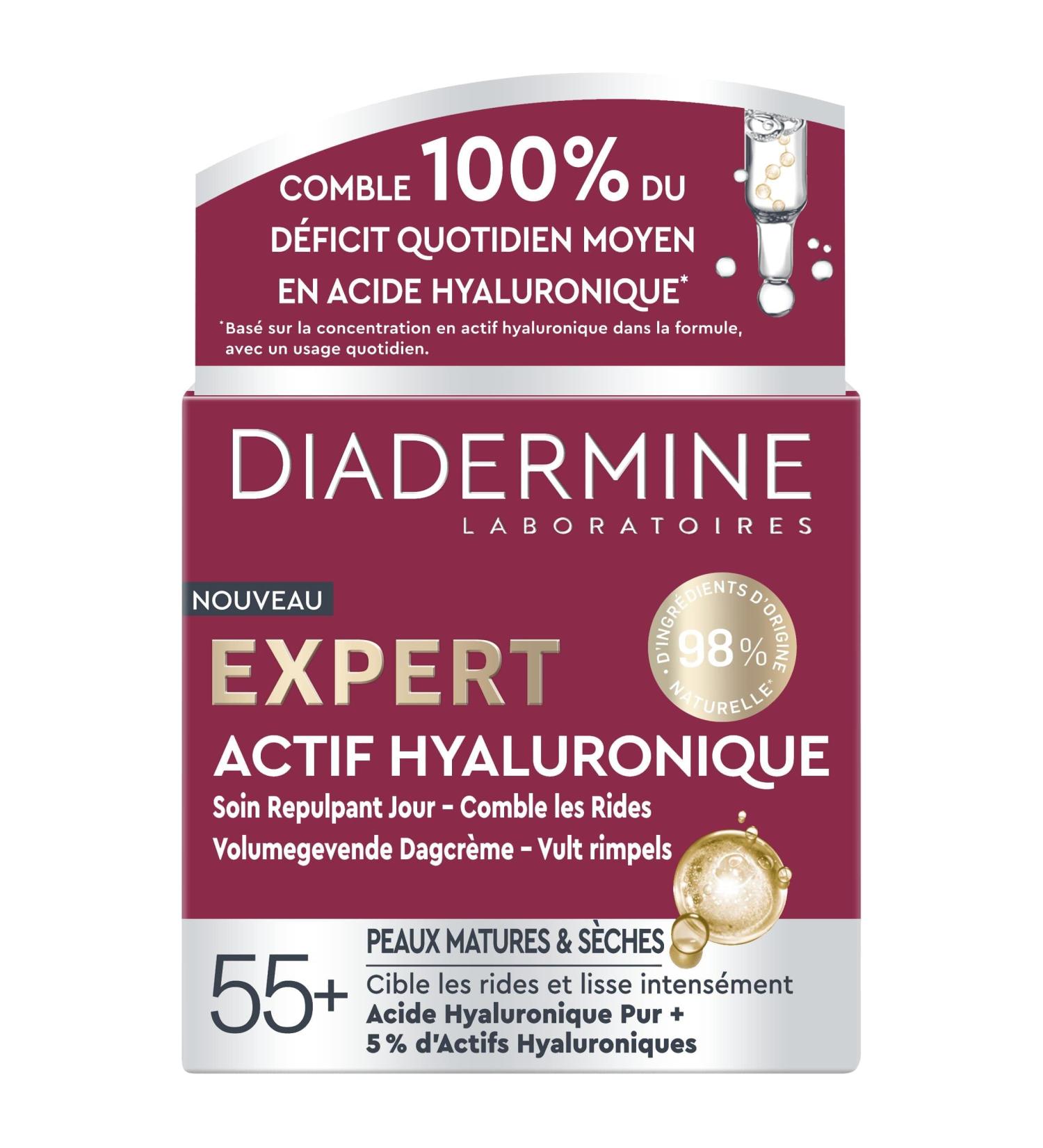 Diadermine - Expert Day Cream - Plumping Day Care with Hyaluronic Acid - Targets Wrinkles - Intensely Smoothes - Mature and Dry Skin - Hyaluronic Active - 50 ML Jar - Buy Online on GoSupps.com