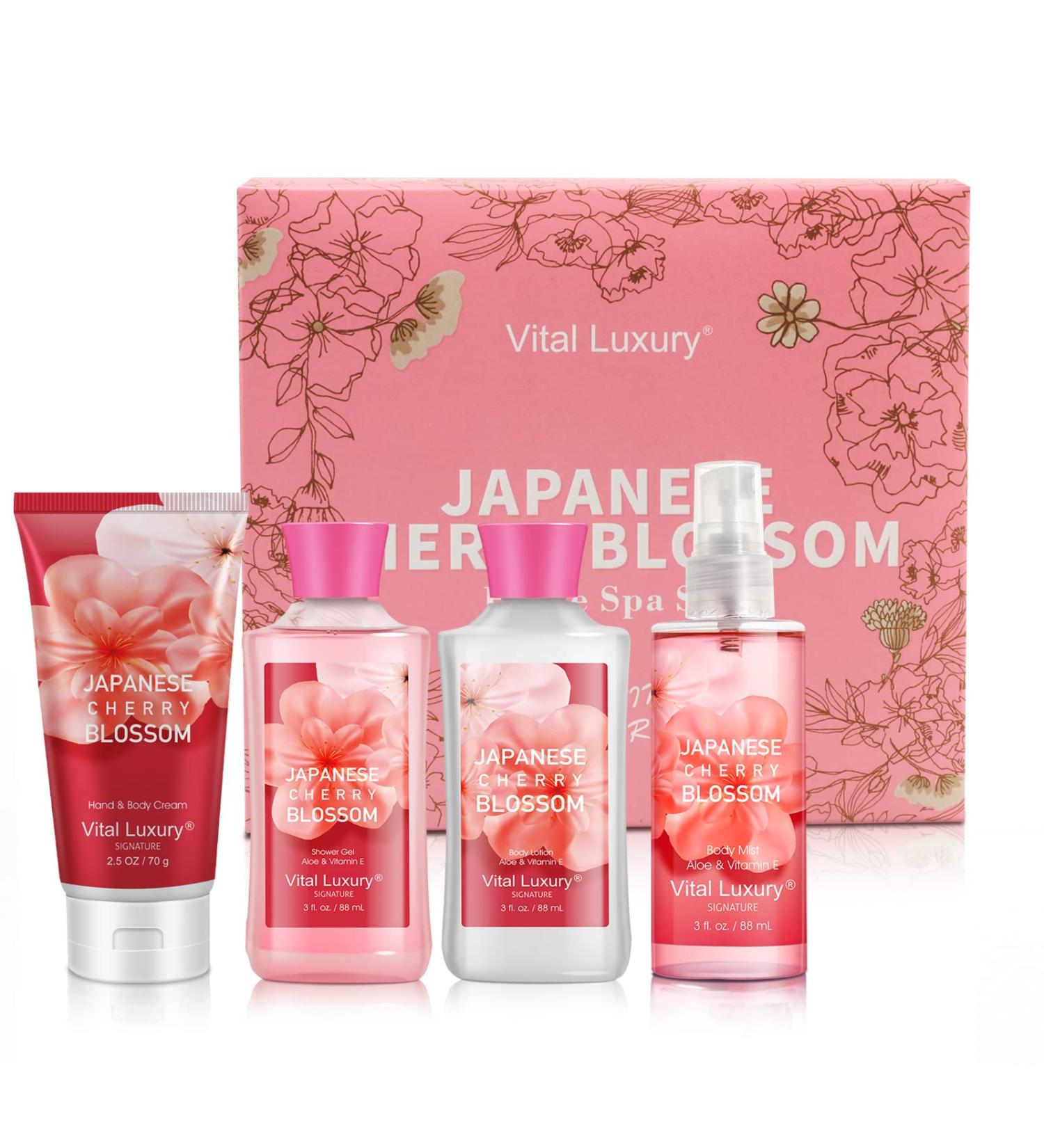 Japanese Cherry Blossom Luxury Bath & Body Kit - 3oz Gift Set for Home Spa - Body Lotion, Shower Gel, Cream & Fragrance Mist - Buy Online on GoSupps.com